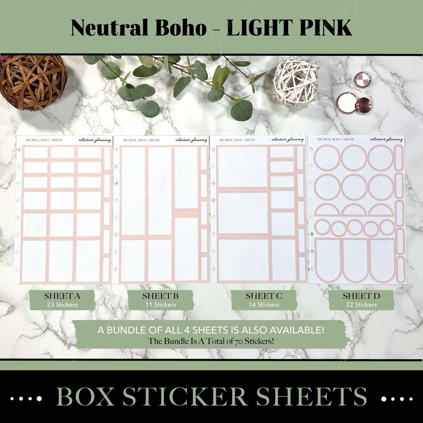 Artierior Planning Physical Item Box Sticker Sheets | Neutral Boho | Light Pink