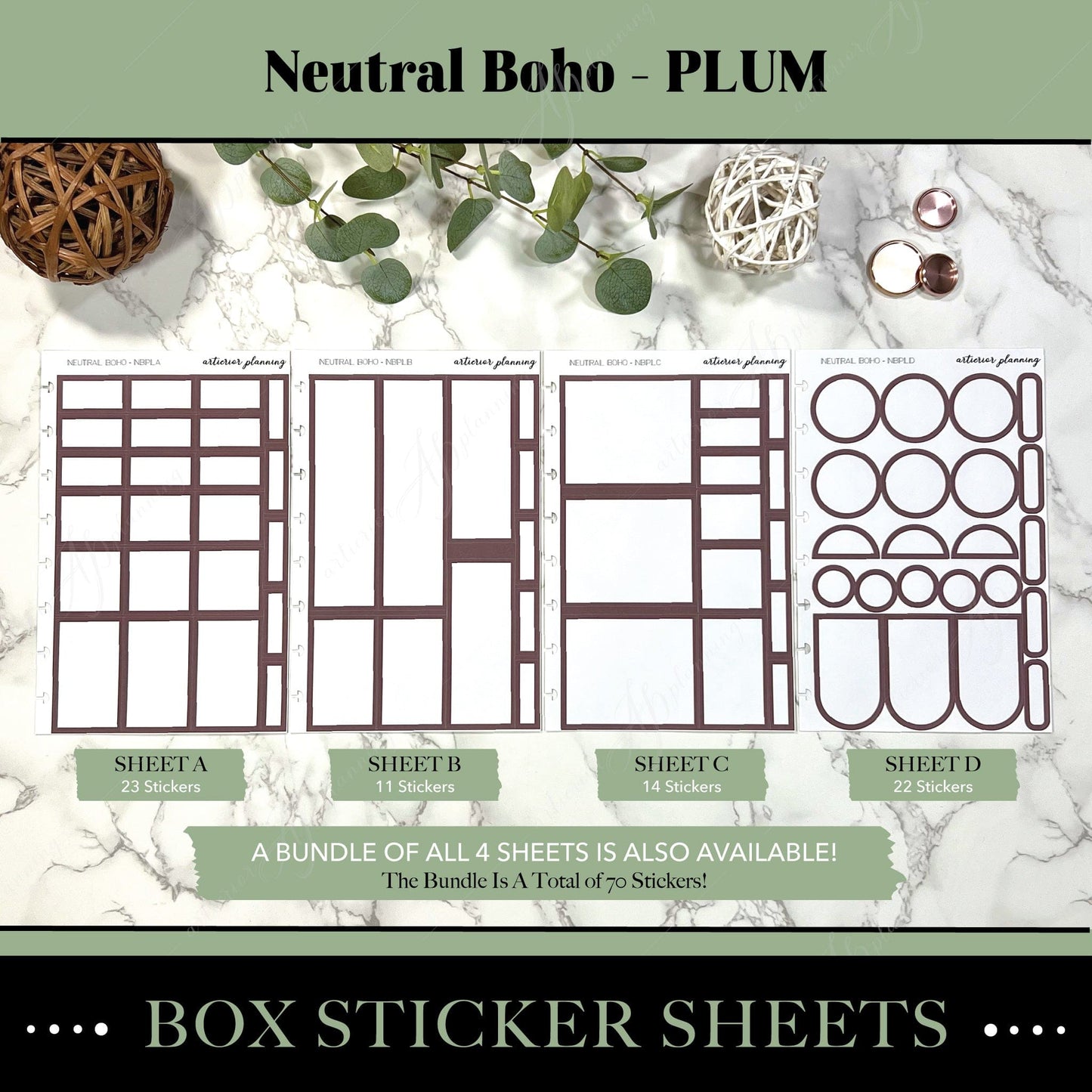 Artierior Planning Physical Item Box Sticker Sheets | Neutral Boho | Plum
