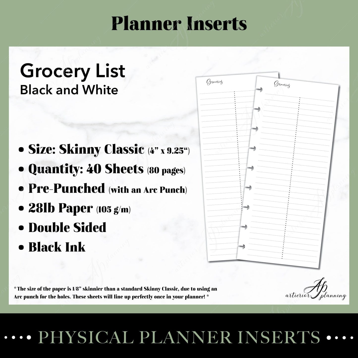 Artierior Planning Physical Item Grocery List | Black&White | Filler Paper | Physical Planner Inserts PP-GL-BW-SKC