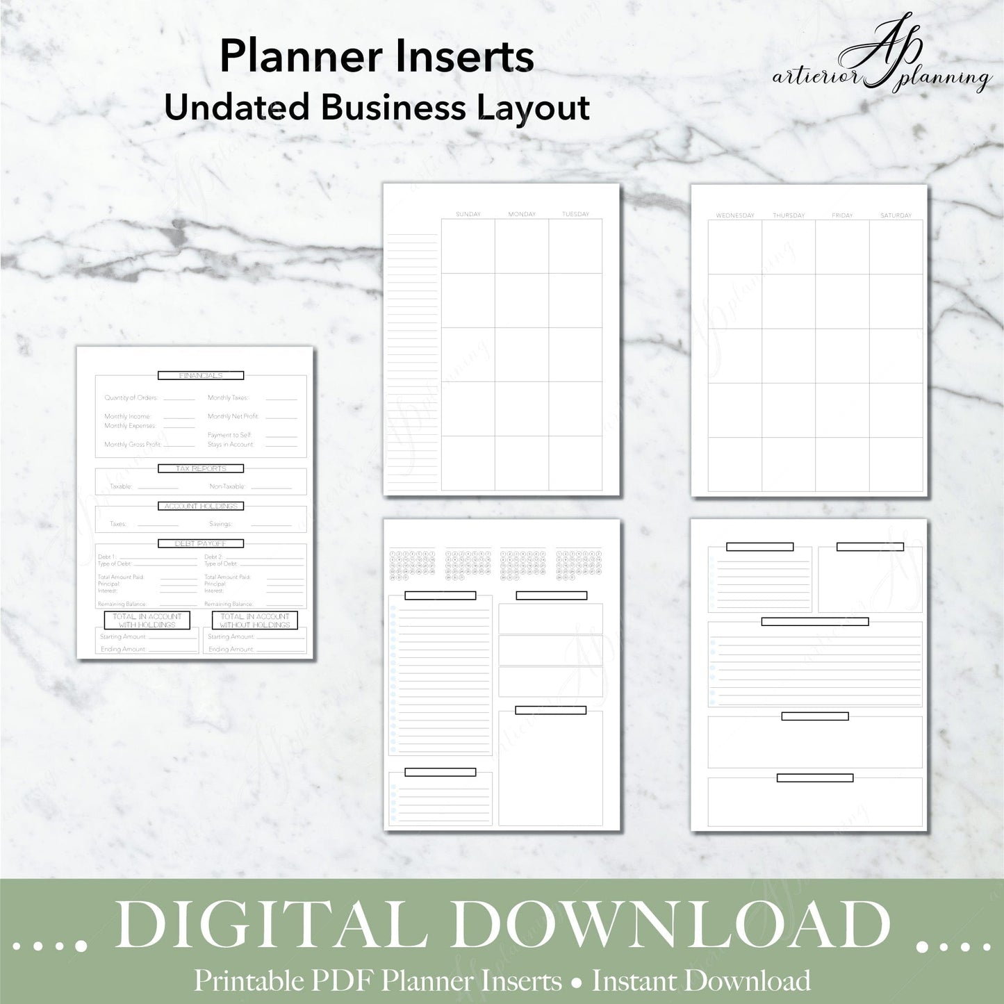 Artierior Planning Digital Download Business Layout | Undated Planner Inserts | Neutral | Filler Paper | Printable Digital Download