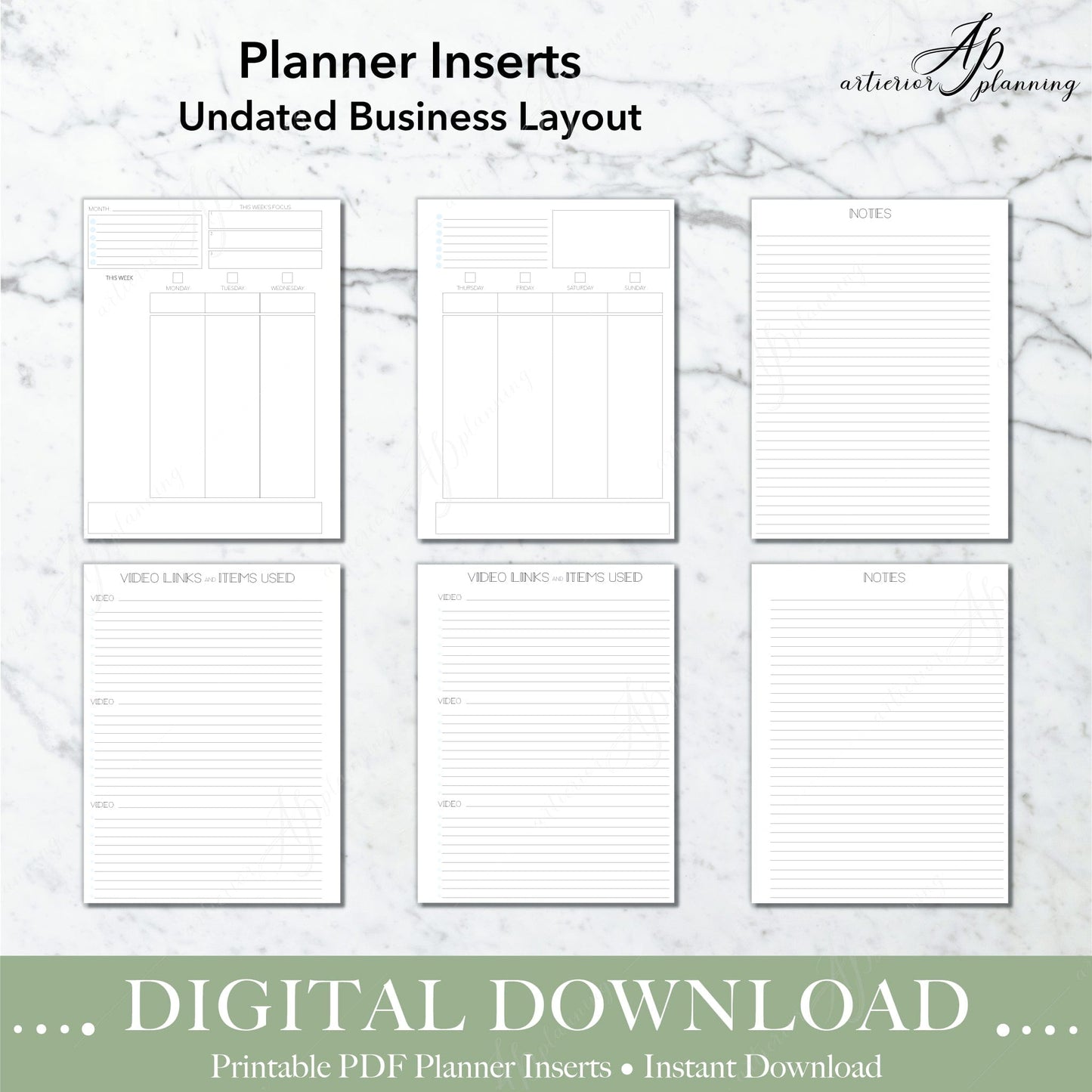 Artierior Planning Digital Download Business Layout | Undated Planner Inserts | Neutral | Filler Paper | Printable Digital Download