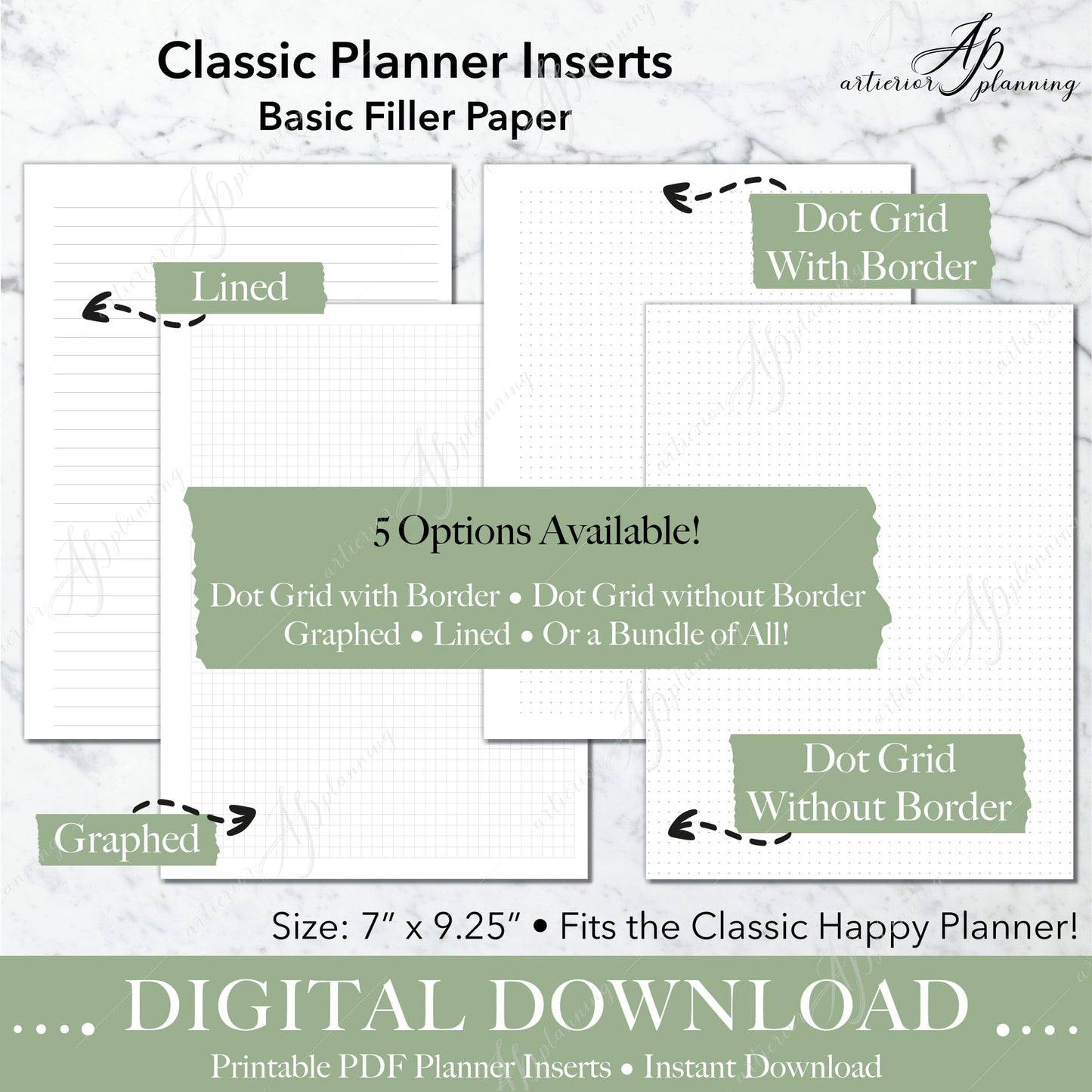 Artierior Planning Digital Download Classic Filler Paper | Planner Insert | Dot Grid, Graphed, Lined | Printable Digital Download