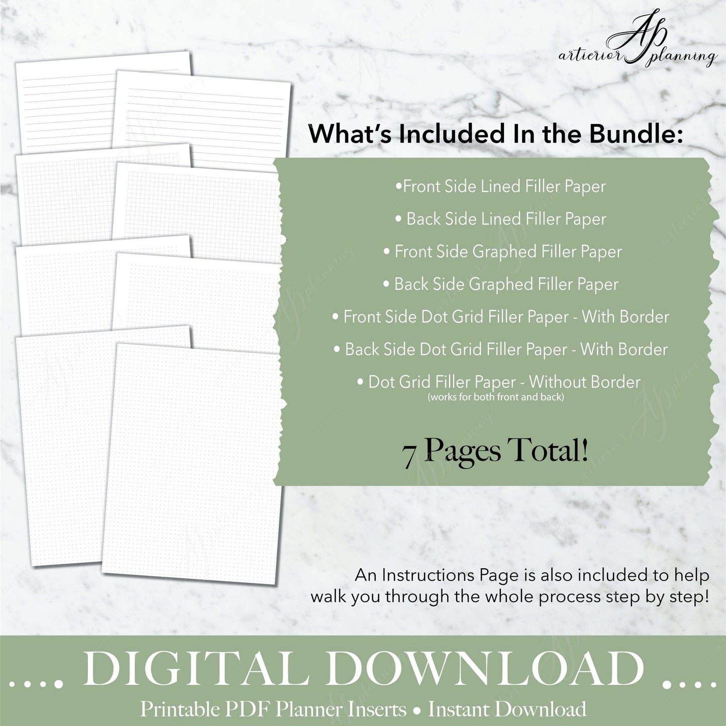 Artierior Planning Digital Download Classic Filler Paper | Planner Insert | Dot Grid, Graphed, Lined | Printable Digital Download