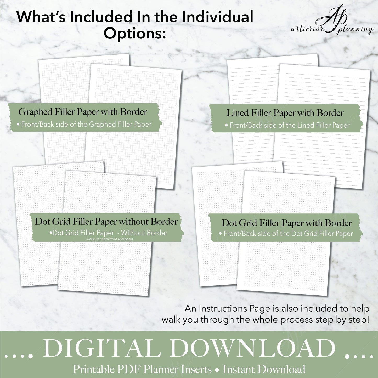 Artierior Planning Digital Download Classic Filler Paper | Planner Insert | Dot Grid, Graphed, Lined | Printable Digital Download