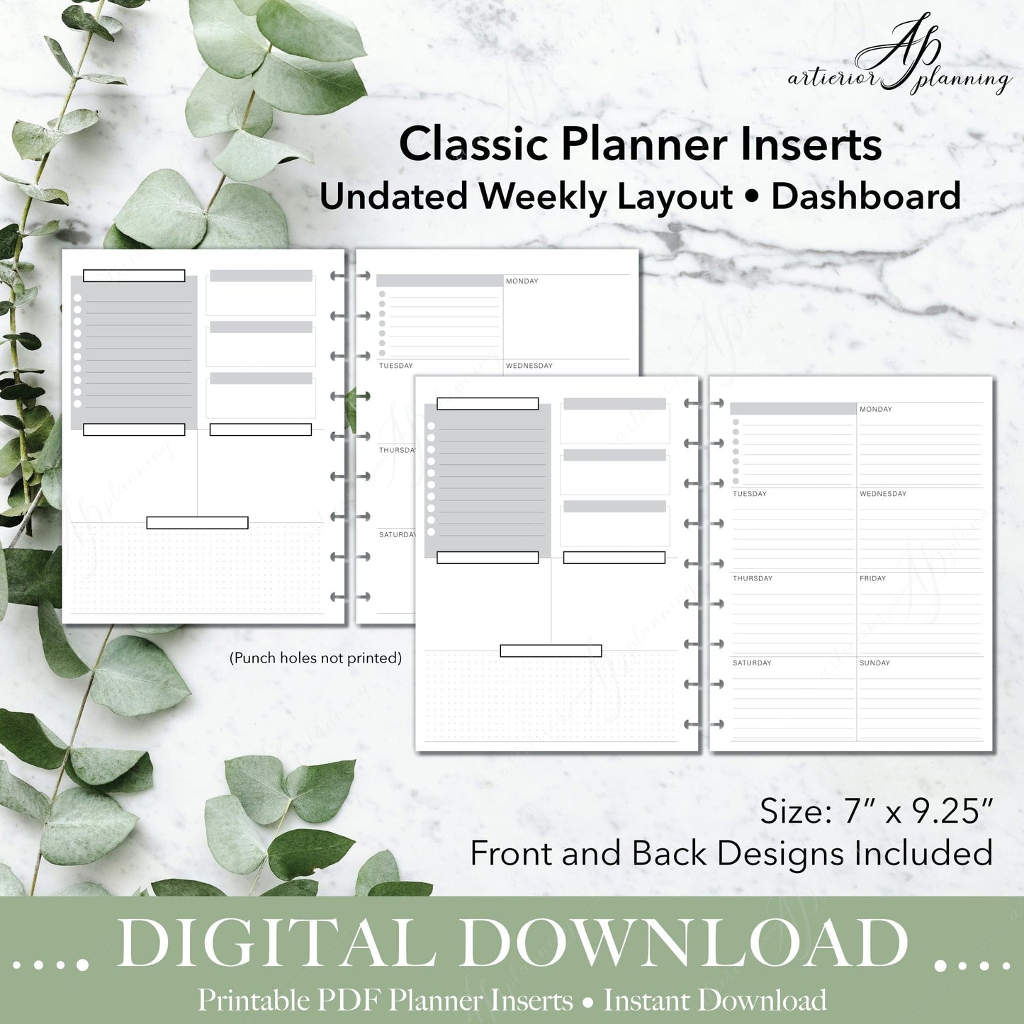 Artierior Planning Digital Download Dashboard | Undated Weekly Planner Insert| Neutral | Classic Filler Paper | Printable Digital Download
