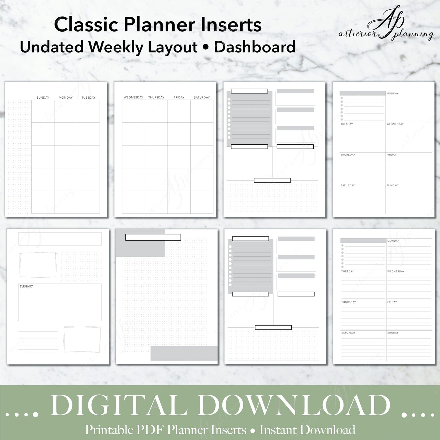 Artierior Planning Digital Download Dashboard | Undated Weekly Planner Insert| Neutral | Classic Filler Paper | Printable Digital Download