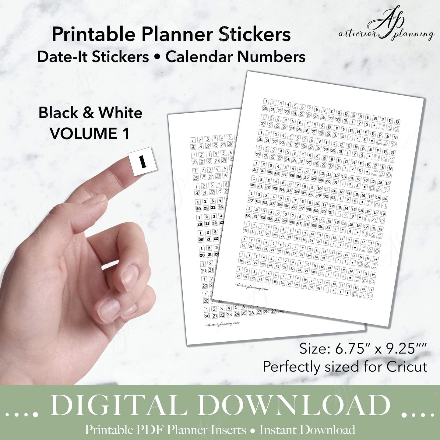 Artierior Planning Digital Download Date-It Stickers | Calendar Numbers | Black & White Volume 1 | Printable Digital Download DD-S-DI-CN-BW-V1