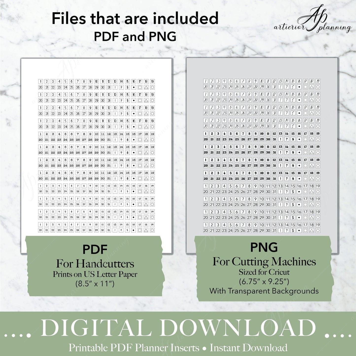 Artierior Planning Digital Download Date-It Stickers | Calendar Numbers | Black & White Volume 1 | Printable Digital Download DD-S-DI-CN-BW-V1