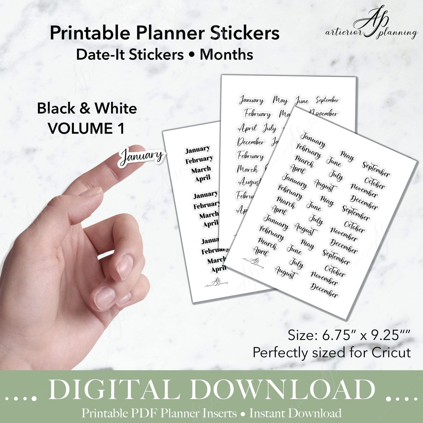 Artierior Planning Digital Download Date-It Stickers | Months | Black & White Volume 1 | Printable Digital Download DD-S-DI-M-BW-V1