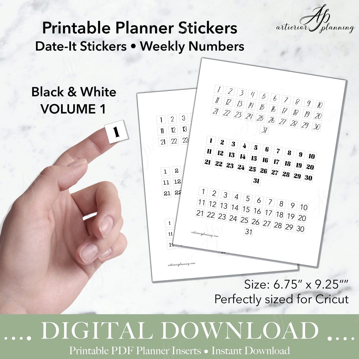 Artierior Planning Digital Download Date-It Stickers | Weekly Numbers | Black & White Volume 1 | Printable Digital Download DD-S-DI-WN-BW-V1