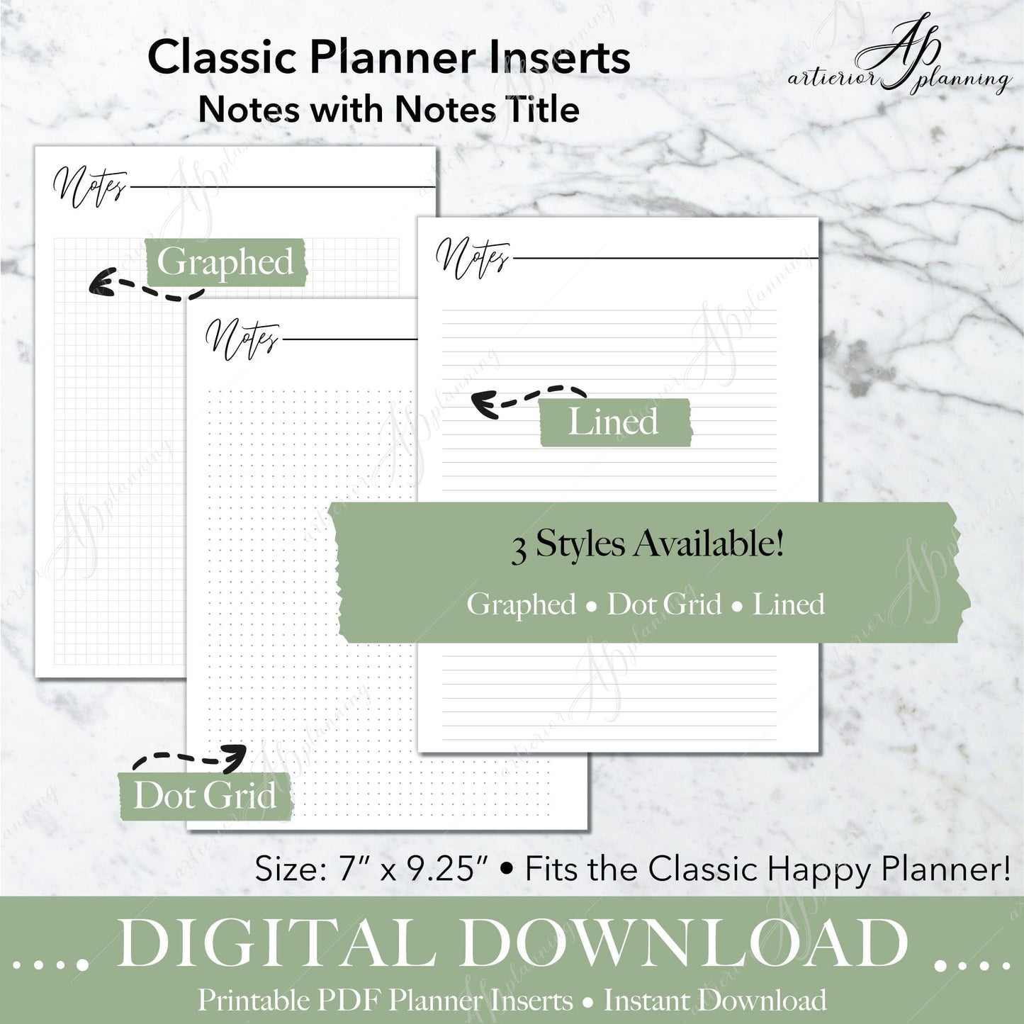 Artierior Planning Digital Download Notes & Bar | Classic Filler Paper | Planner Insert | Dot Grid, Graphed, Lined | Printable Digital Download