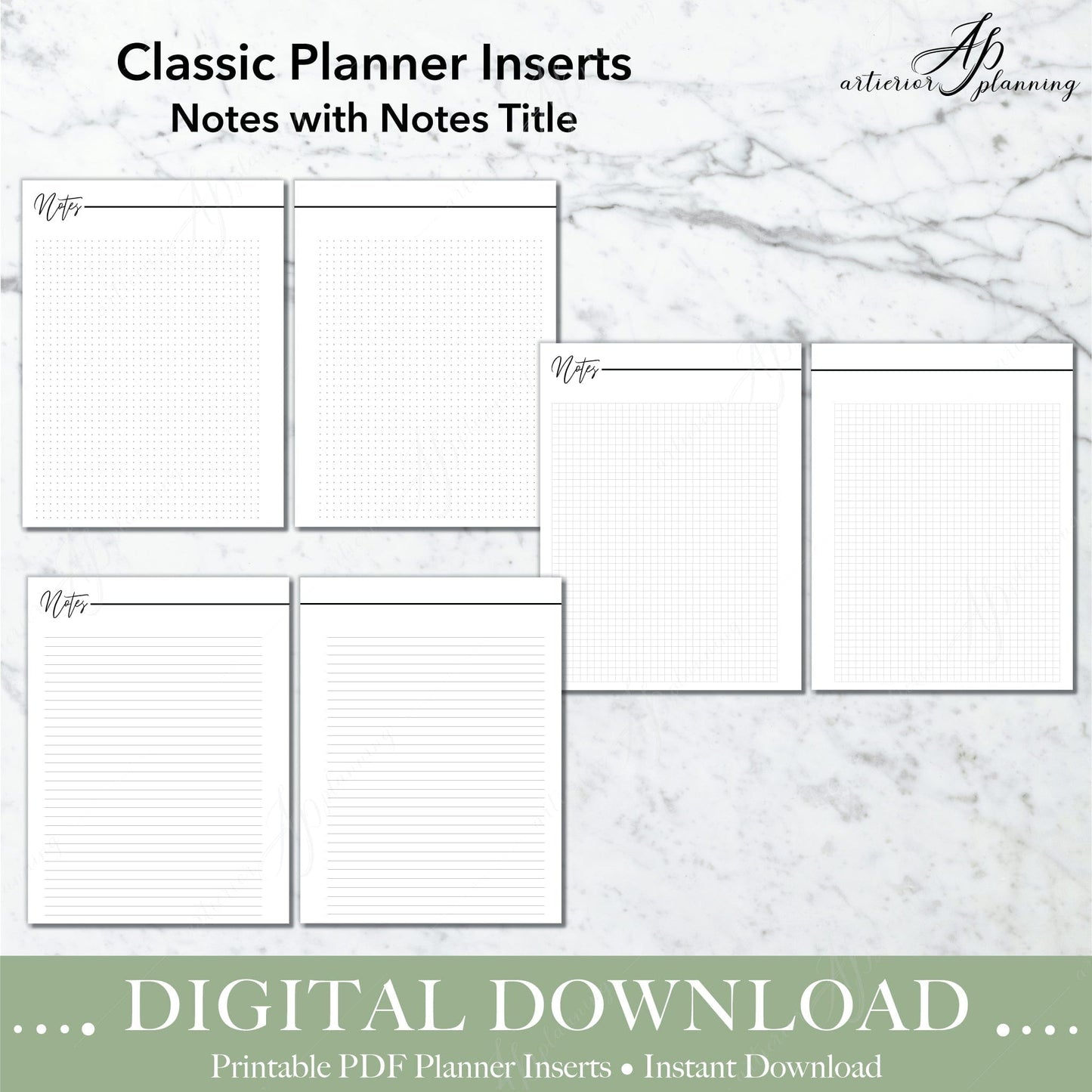 Artierior Planning Digital Download Notes & Bar | Classic Filler Paper | Planner Insert | Dot Grid, Graphed, Lined | Printable Digital Download