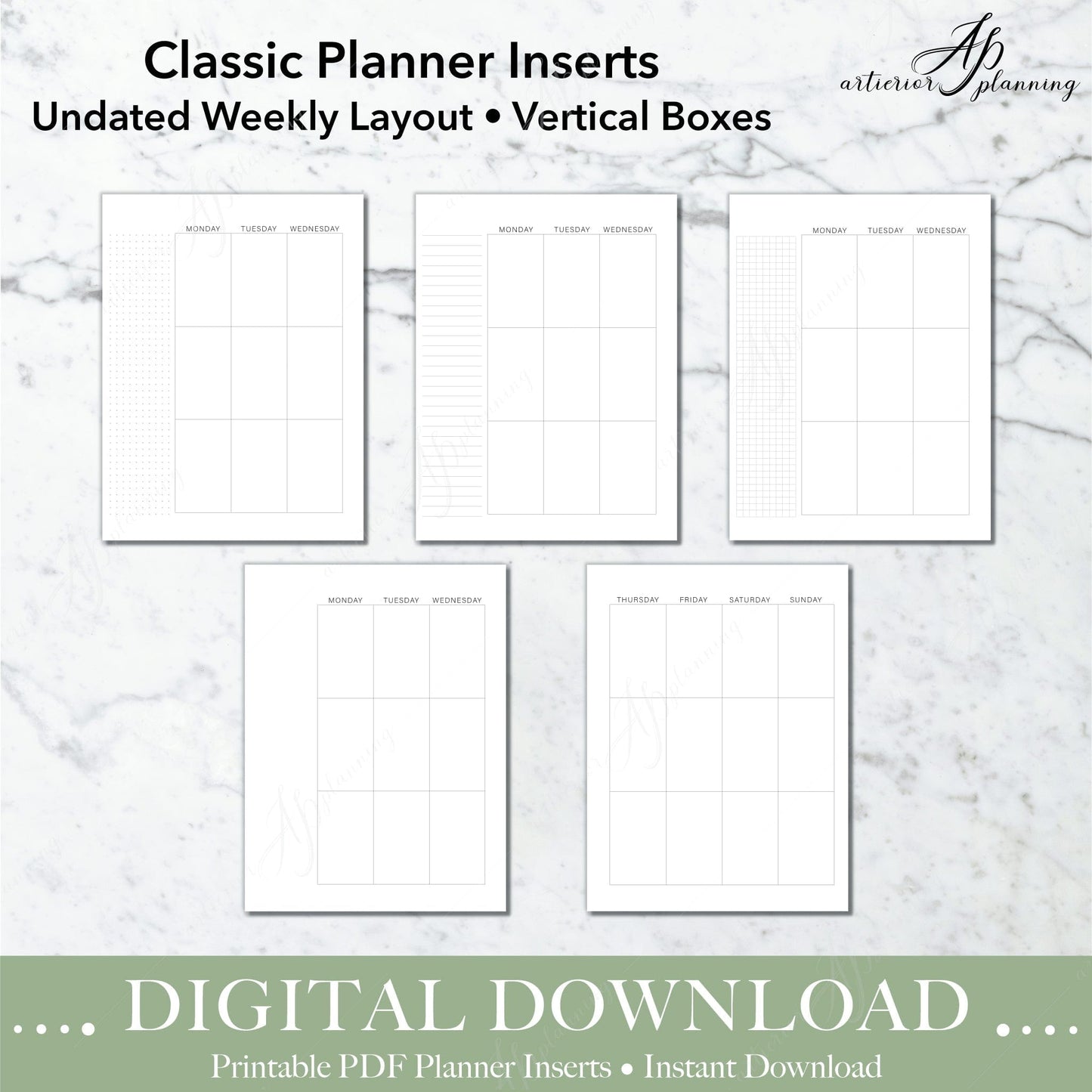 Artierior Planning Digital Download Vertical Boxes | Undated Weekly Planner Insert| Neutral | Classic Filler Paper | Printable Digital Download DD-I-WVB-B-C