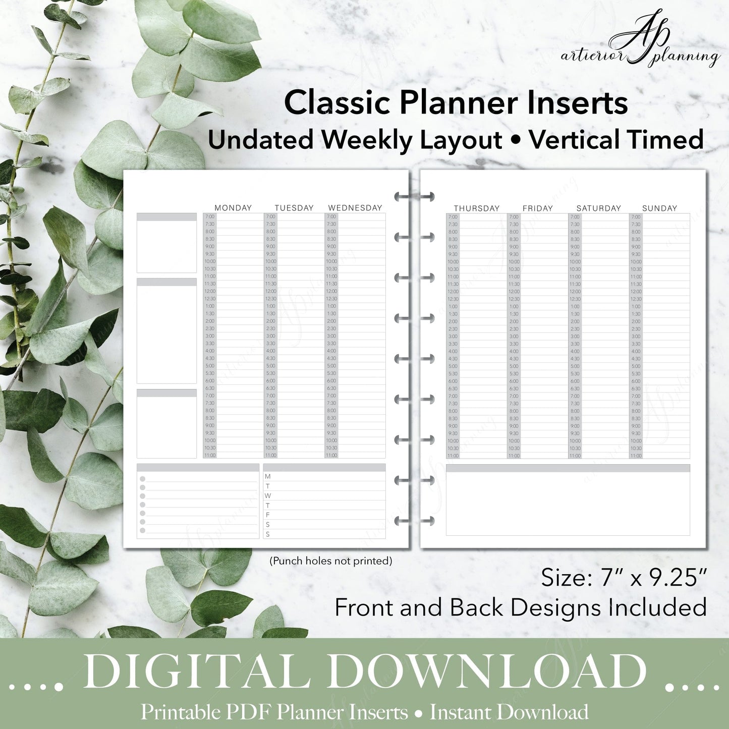 Artierior Planning Digital Download Vertical Timed Boxes | Undated Weekly Planner Insert| Neutral | Classic Filler Paper | Printable Digital Download DD-I-WVT-B-C