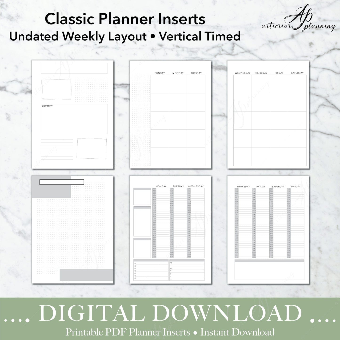 Artierior Planning Digital Download Vertical Timed Boxes | Undated Weekly Planner Insert| Neutral | Classic Filler Paper | Printable Digital Download DD-I-WVT-B-C