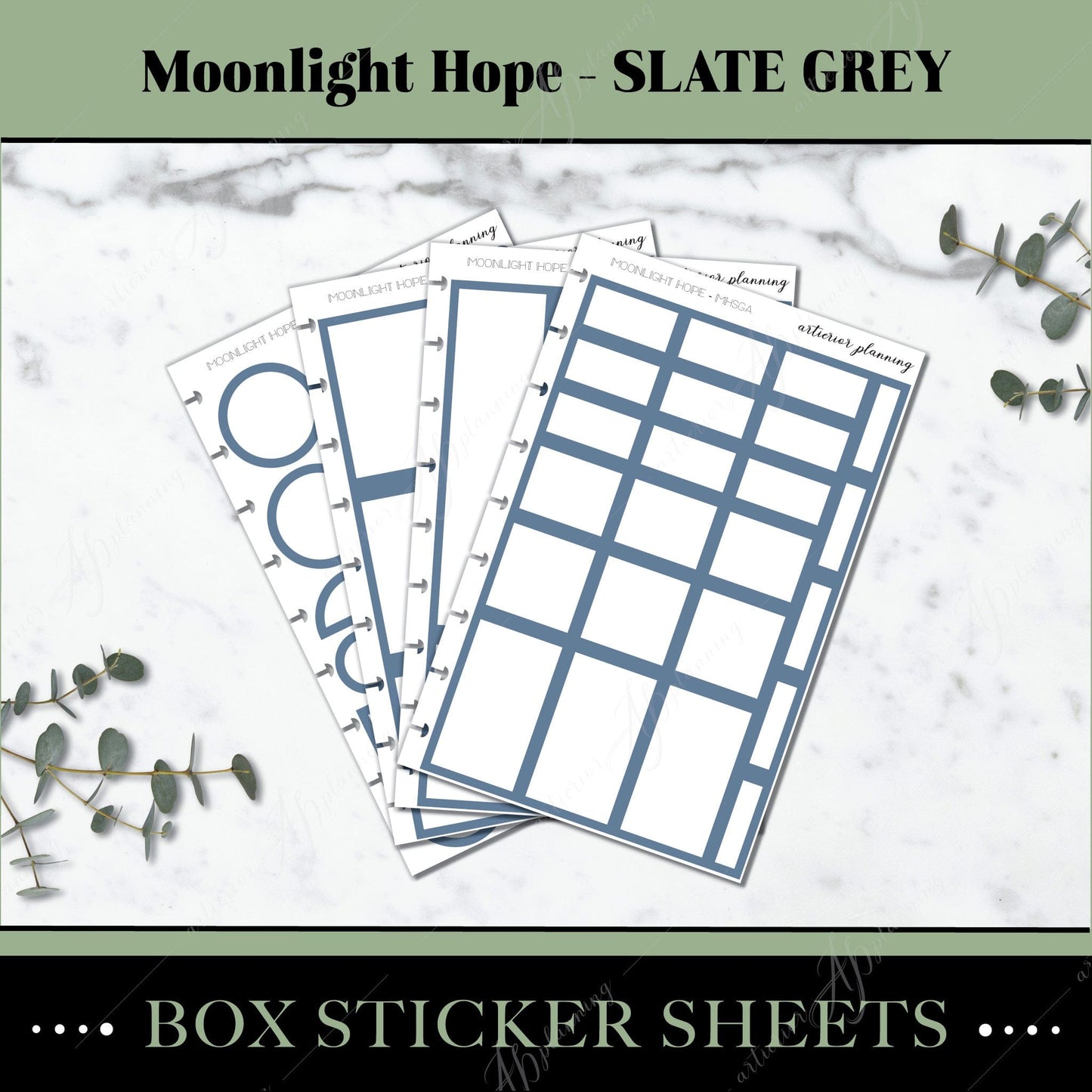 Artierior Planning Physical Item Box Sticker Sheets | Moonlight Hope | Slate Grey