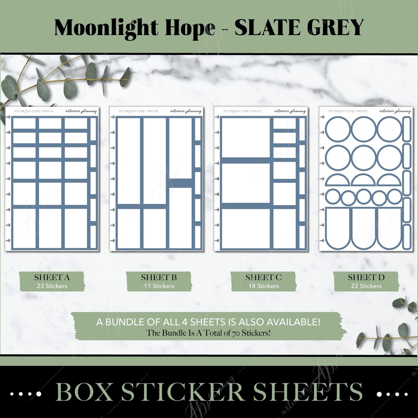 Artierior Planning Physical Item Box Sticker Sheets | Moonlight Hope | Slate Grey
