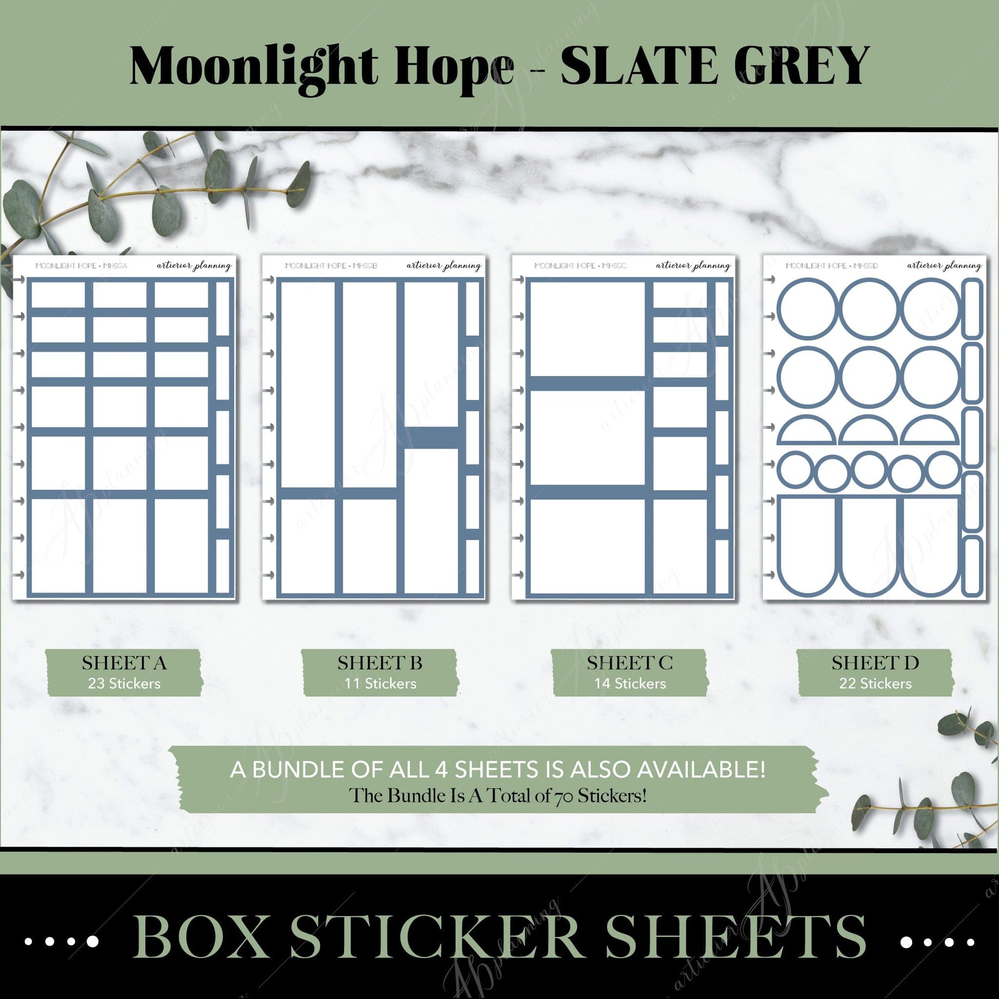 Artierior Planning Physical Item Box Sticker Sheets | Moonlight Hope | Slate Grey