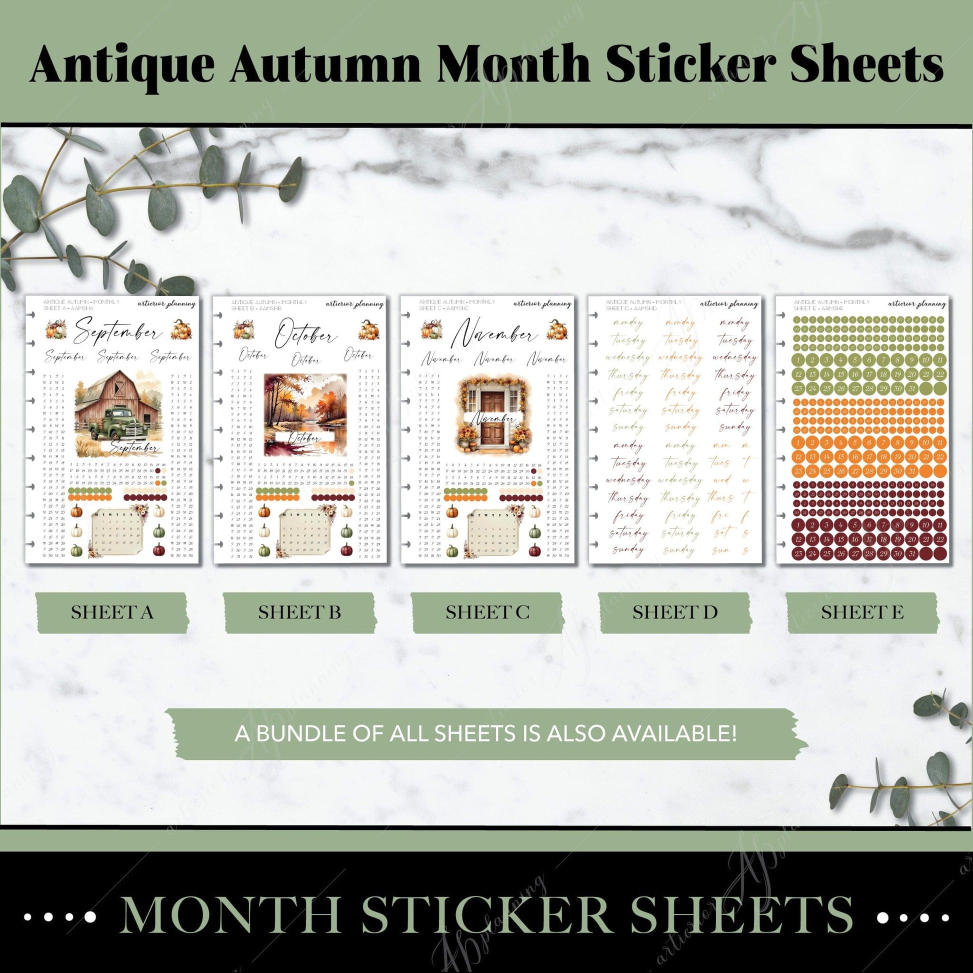 Artierior Planning Physical Item Monthly Sticker Sheets | Antique Autumn