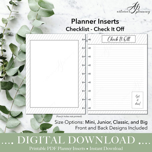 Artierior Planning Digital Download Check It Off - Get It Done Checklist | Planner Inserts | Printable Digital Download