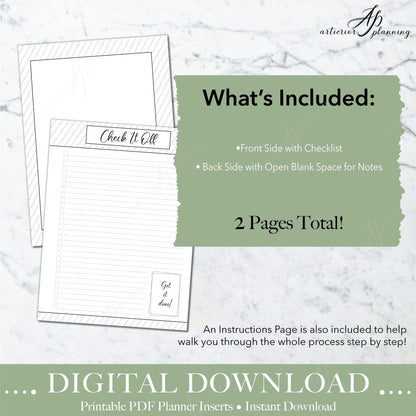 Artierior Planning Digital Download Check It Off - Get It Done Checklist | Planner Inserts | Printable Digital Download