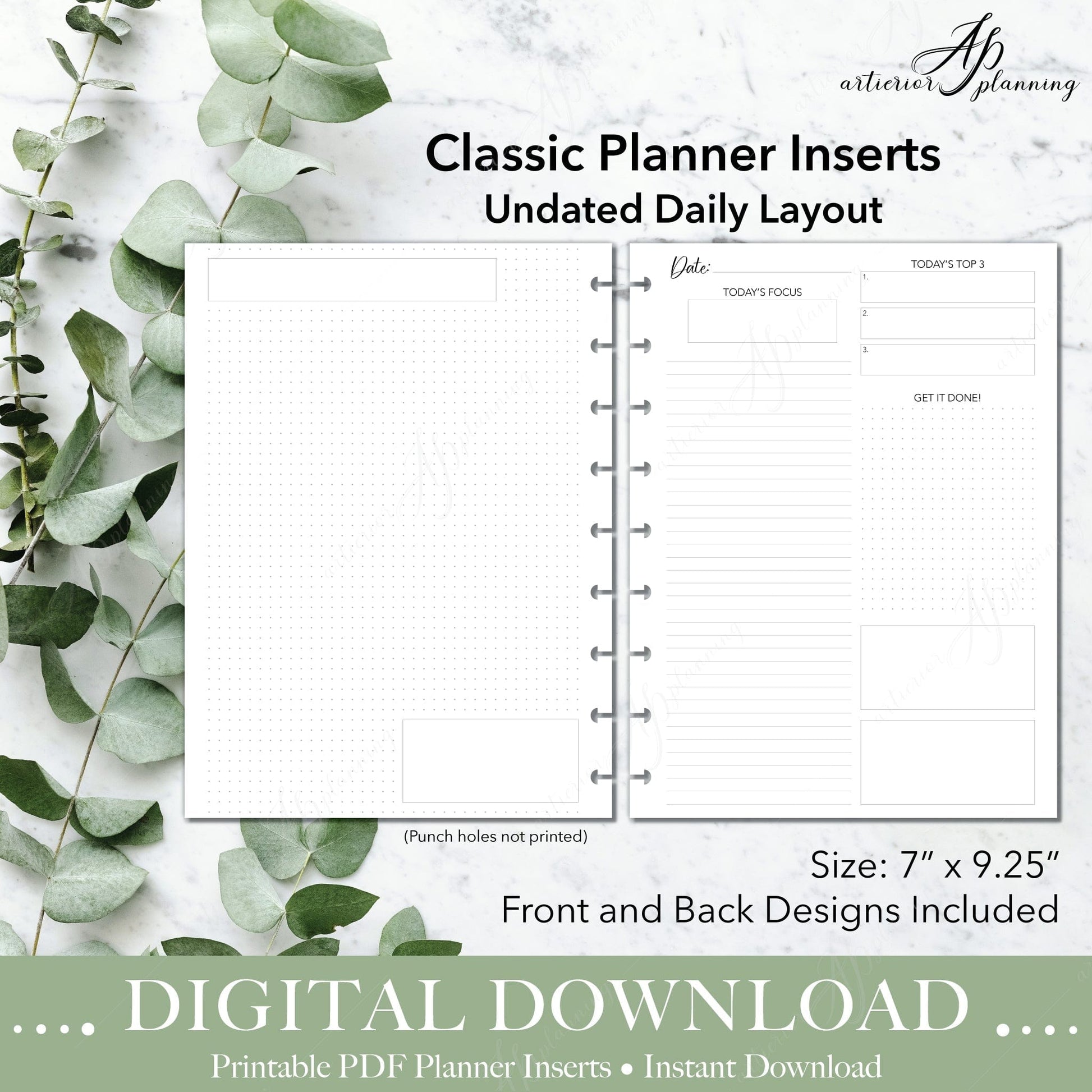 Artierior Planning Digital Download Daily | Undated Planner Insert | Neutral | Classic | Printable Digital Download DD-I-UDT-B-C