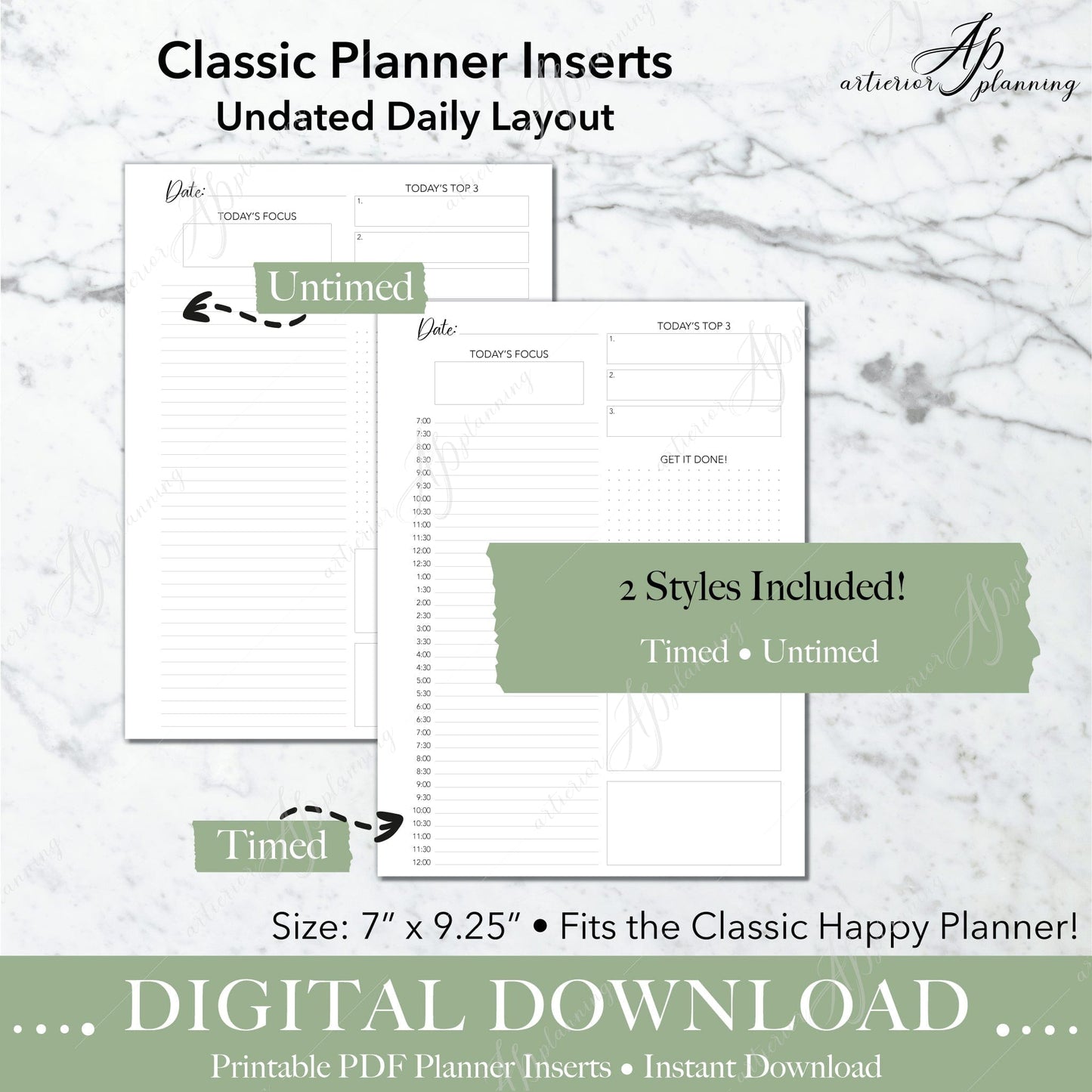 Artierior Planning Digital Download Daily | Undated Planner Insert | Neutral | Classic | Printable Digital Download DD-I-UDT-B-C