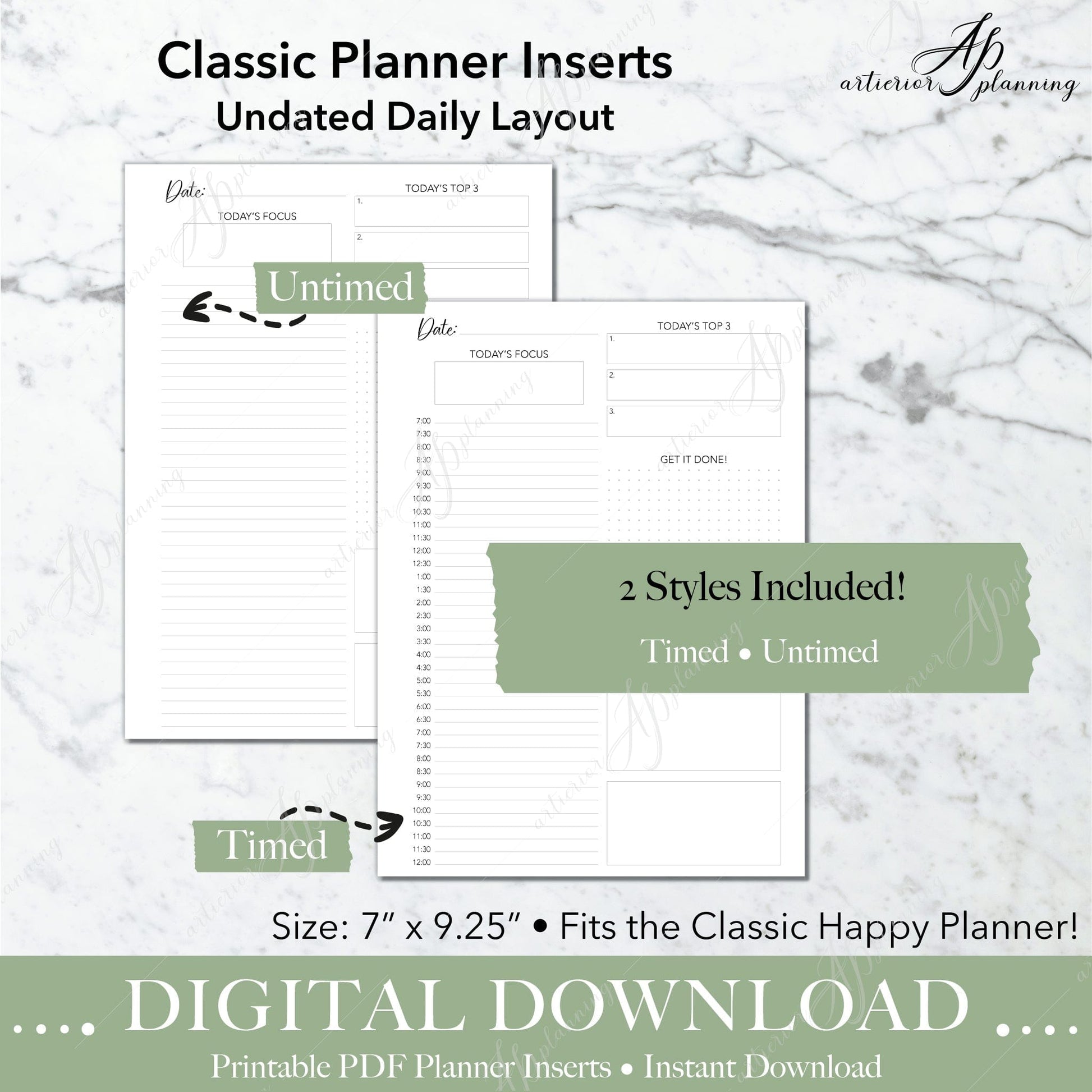 Artierior Planning Digital Download Daily | Undated Planner Insert | Neutral | Classic | Printable Digital Download DD-I-UDT-B-C
