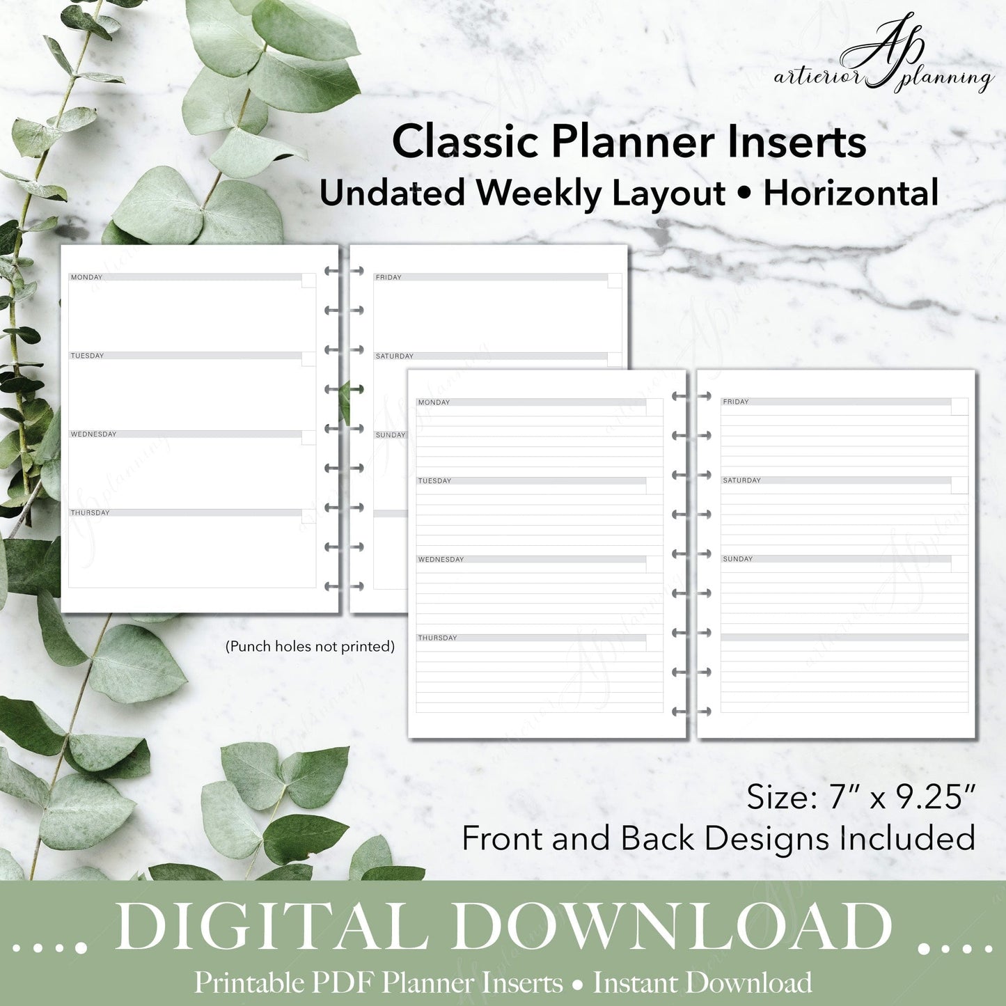 Artierior Planning Digital Download Horizontal | Undated Weekly Planner Insert| Neutral | Classic Filler Paper | Printable Digital Download