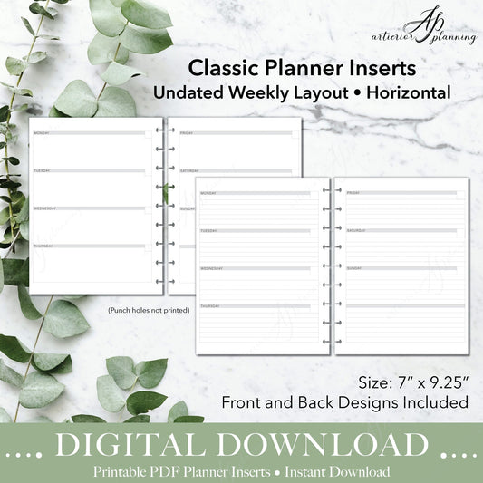 Artierior Planning Digital Download Horizontal | Undated Weekly Planner Insert| Neutral | Classic Filler Paper | Printable Digital Download