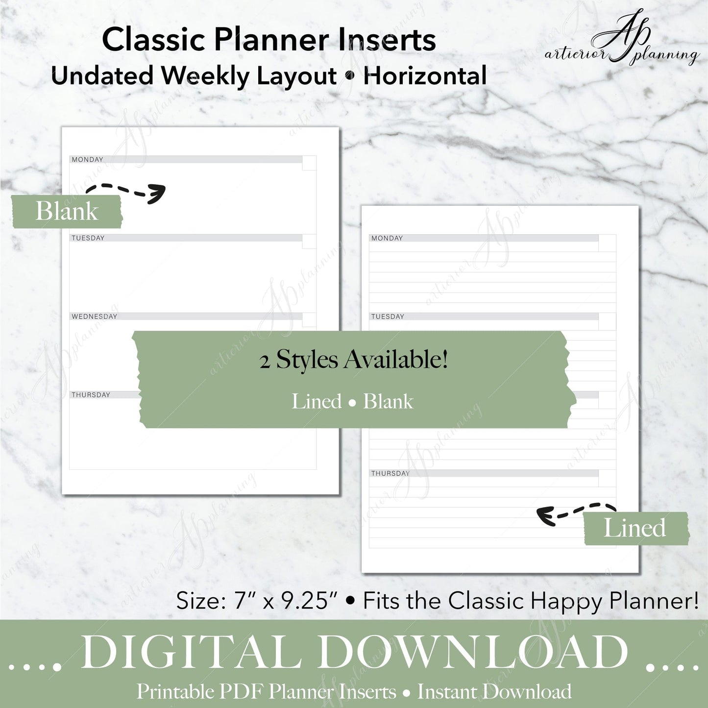 Artierior Planning Digital Download Horizontal | Undated Weekly Planner Insert| Neutral | Classic Filler Paper | Printable Digital Download
