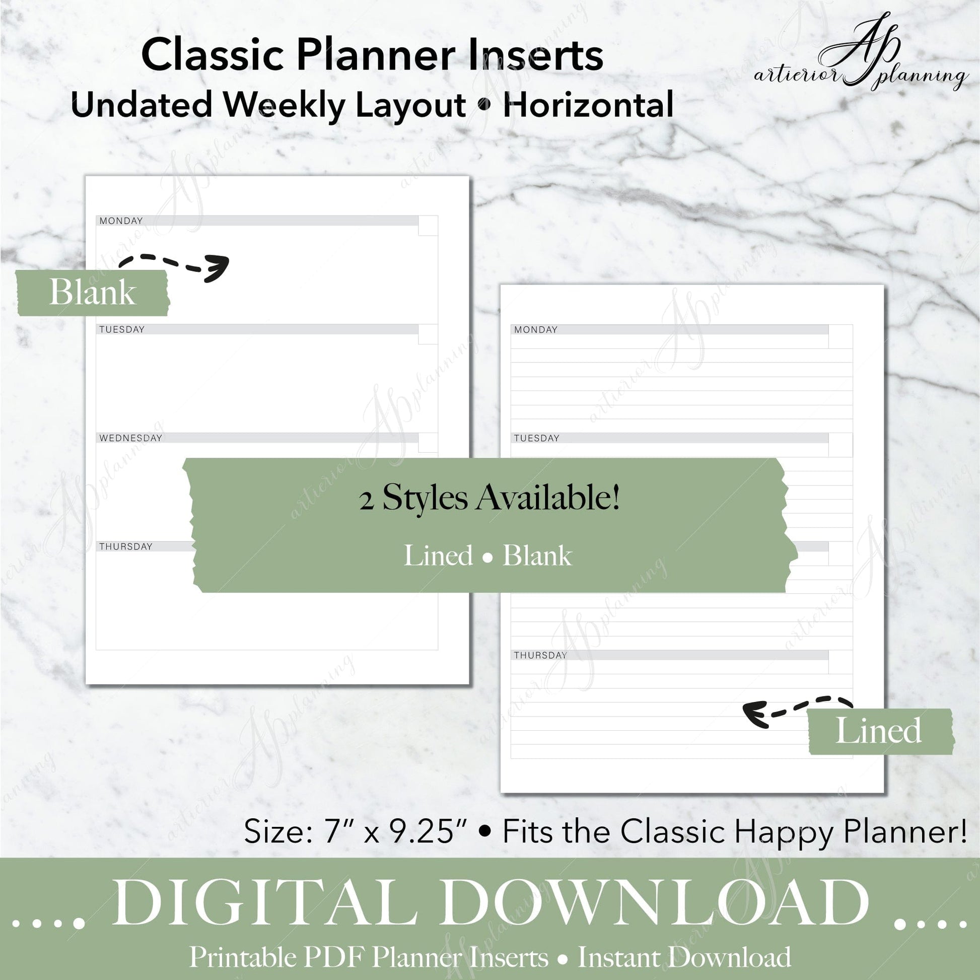 Artierior Planning Digital Download Horizontal | Undated Weekly Planner Insert| Neutral | Classic Filler Paper | Printable Digital Download