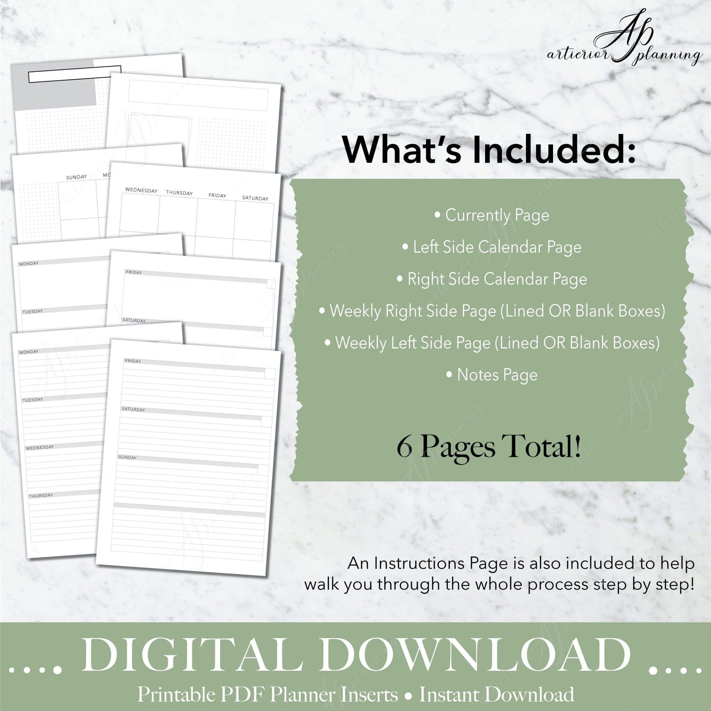 Artierior Planning Digital Download Horizontal | Undated Weekly Planner Insert| Neutral | Classic Filler Paper | Printable Digital Download