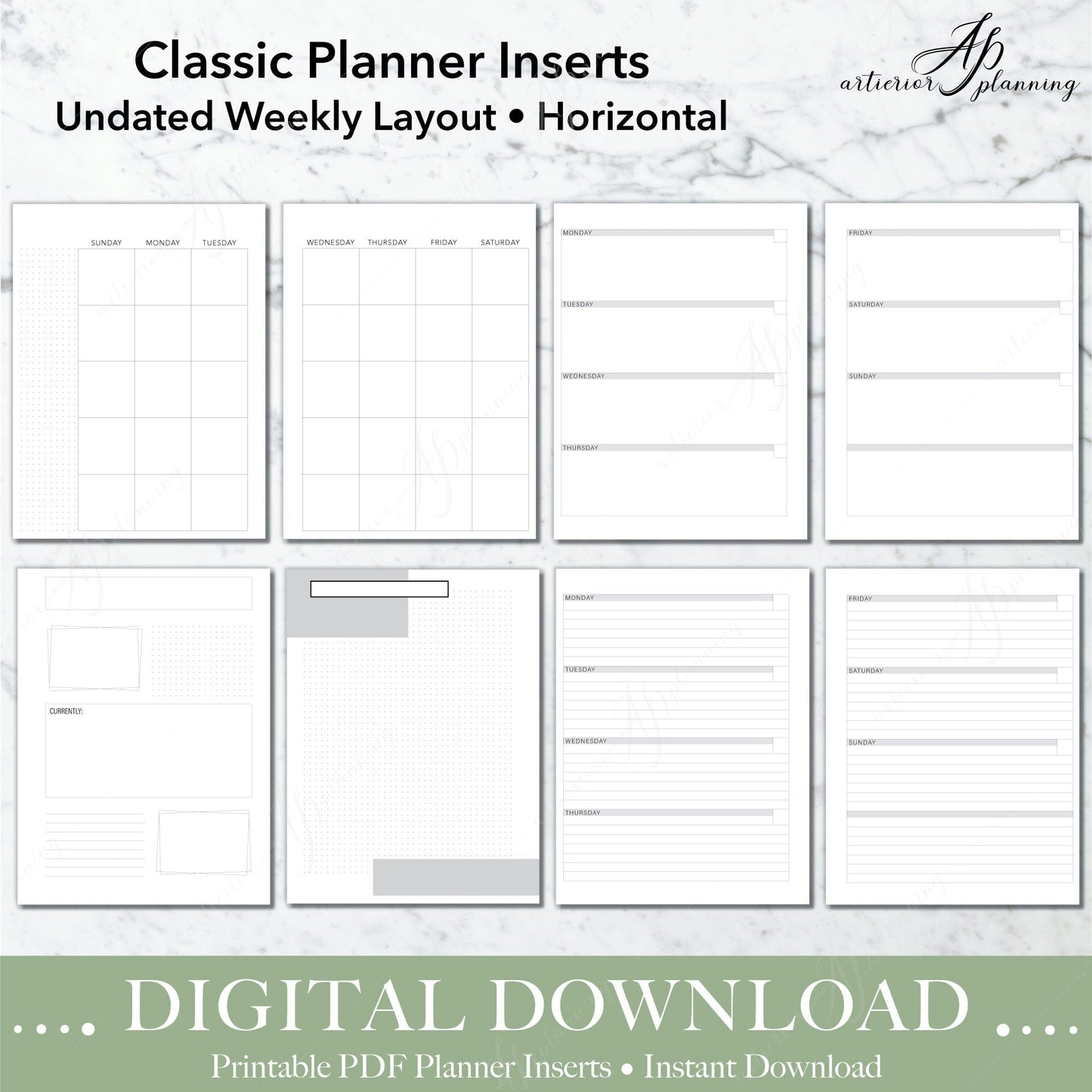 Artierior Planning Digital Download Horizontal | Undated Weekly Planner Insert| Neutral | Classic Filler Paper | Printable Digital Download