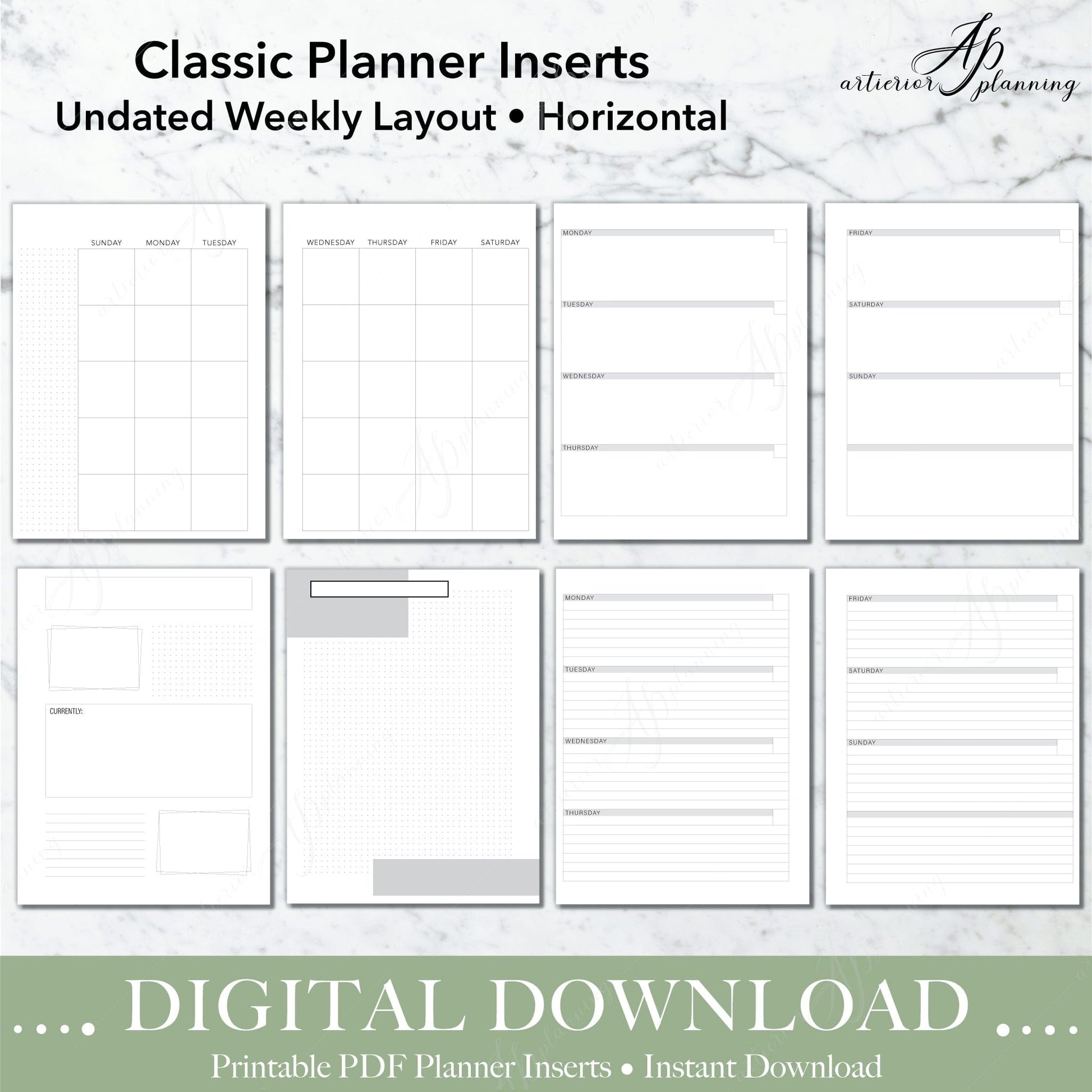 Artierior Planning Digital Download Horizontal | Undated Weekly Planner Insert| Neutral | Classic Filler Paper | Printable Digital Download