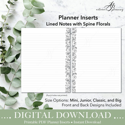 Black & White Spine Florals | Notes Filler Paper | Planner Inserts | Digital Download - Artierior Planning