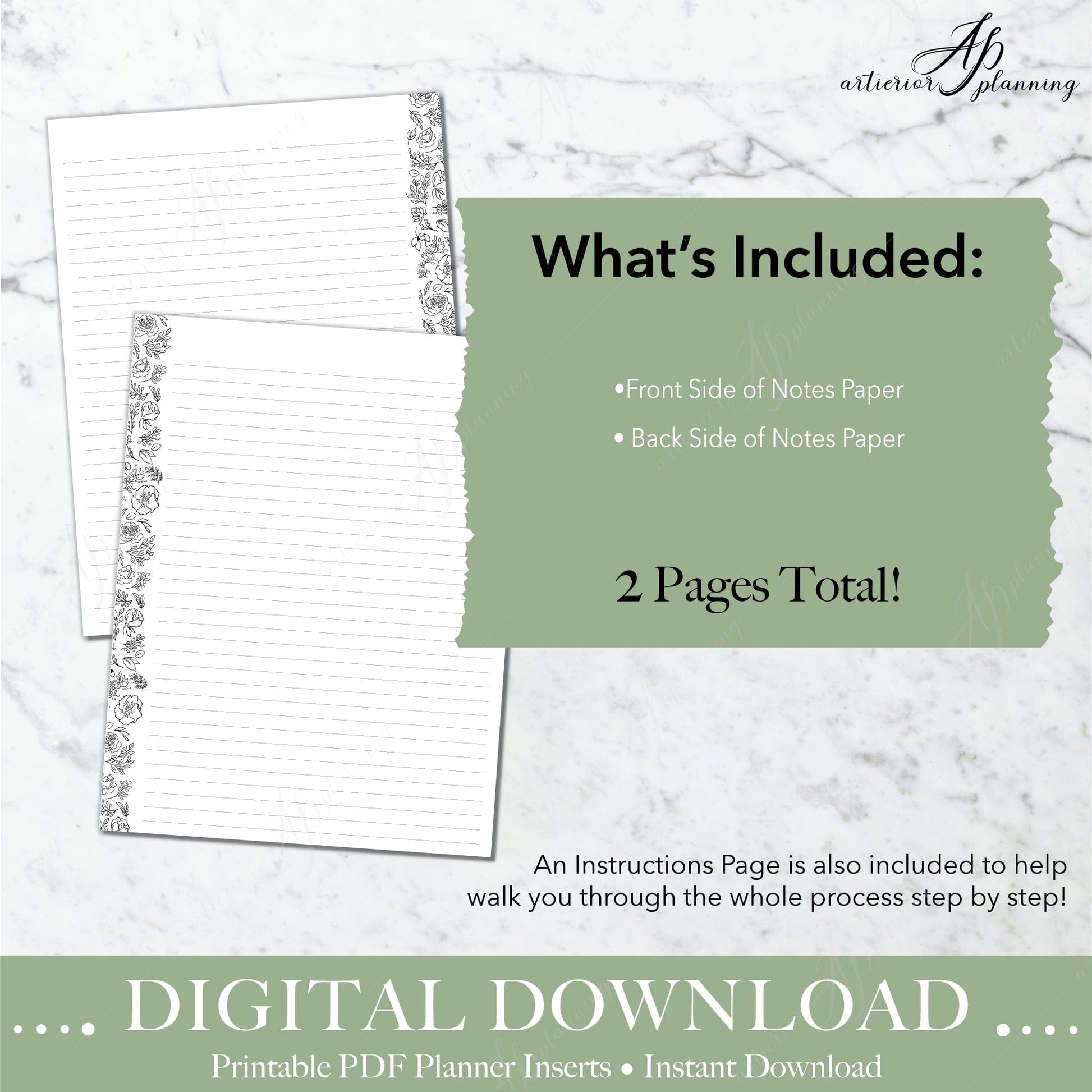 Black & White Spine Florals | Notes Filler Paper | Planner Inserts | Digital Download - Artierior Planning