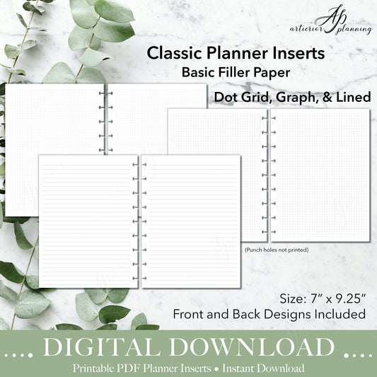 Classic Filler Paper | Planner Insert | Dot Grid, Graphed, Lined| Printable Digital Download - Artierior Planning