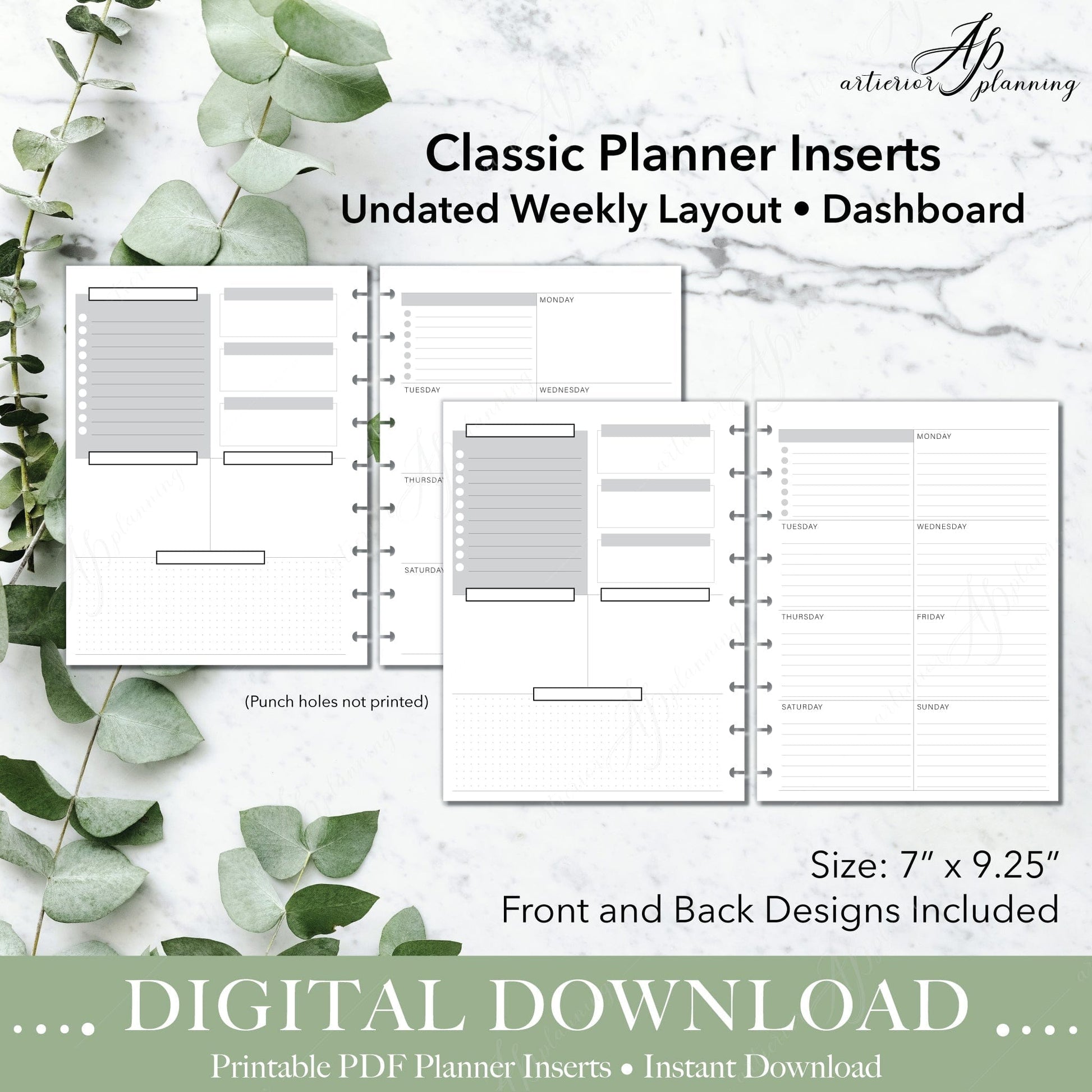 Dashboard | Undated Weekly Planner Insert| Neutral | Classic Filler Paper | Printable Digital Download - Artierior Planning