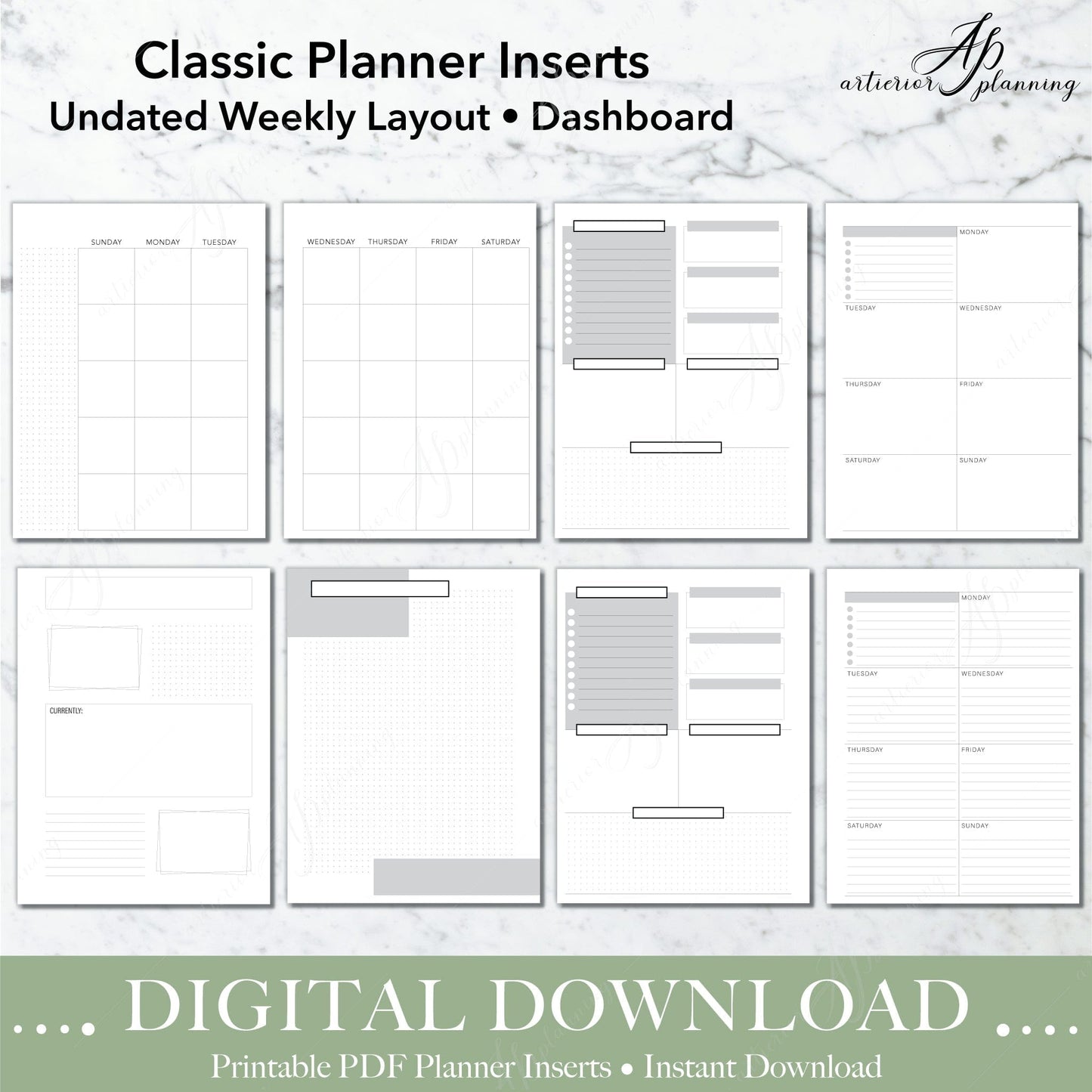 Dashboard | Undated Weekly Planner Insert| Neutral | Classic Filler Paper | Printable Digital Download - Artierior Planning