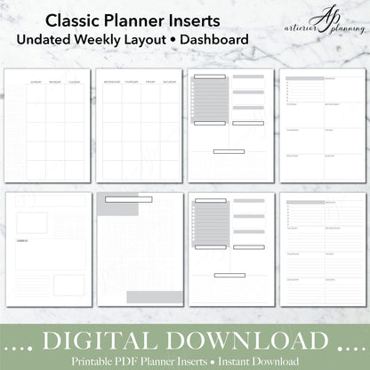 Dashboard | Undated Weekly Planner Insert| Neutral | Classic Filler Paper | Printable Digital Download - Artierior Planning