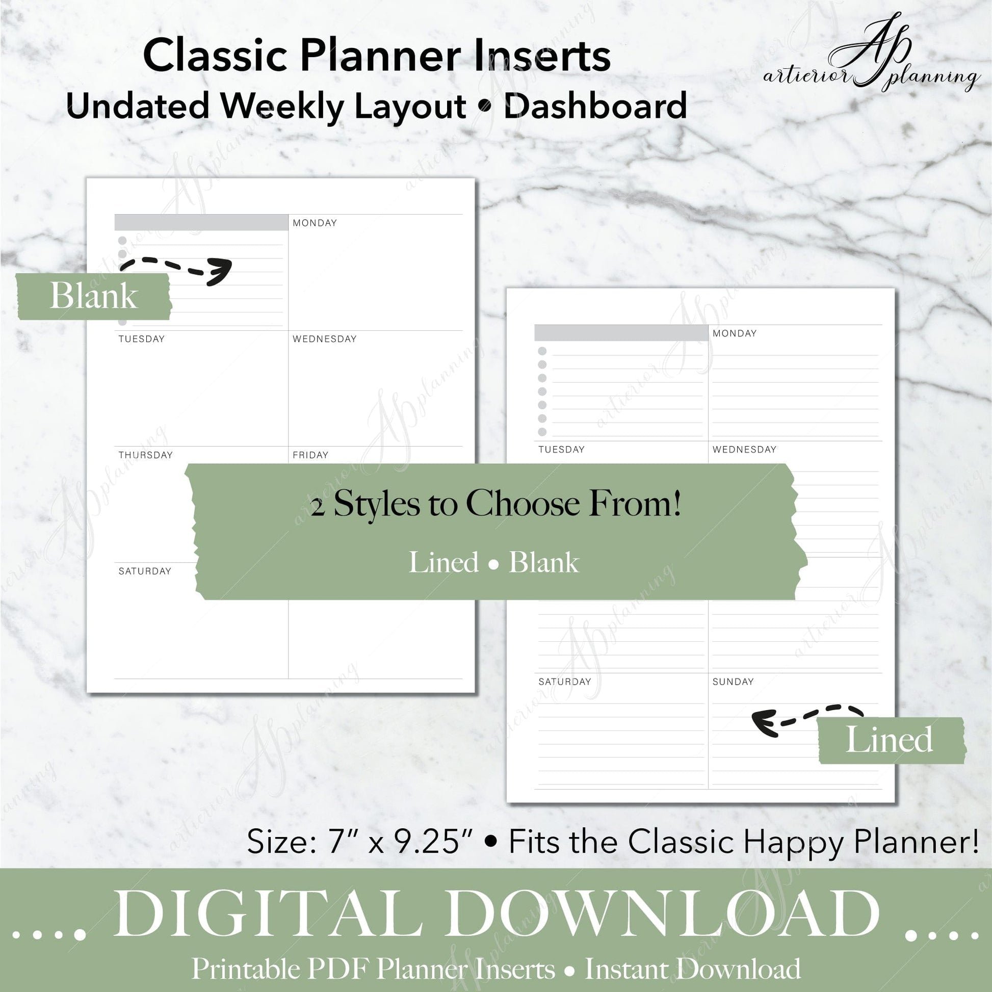 Dashboard | Undated Weekly Planner Insert| Neutral | Classic Filler Paper | Printable Digital Download - Artierior Planning