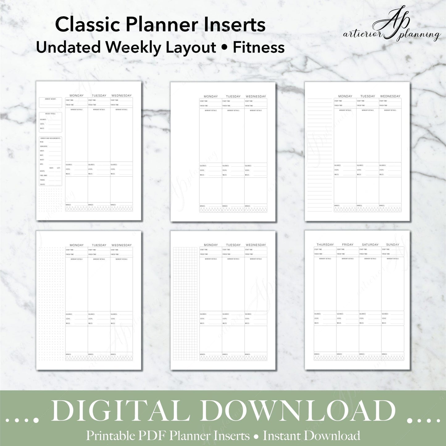 Fitness | Undated Weekly Planner Insert | Neutral | Classic |Printable Digital Download - Artierior Planning