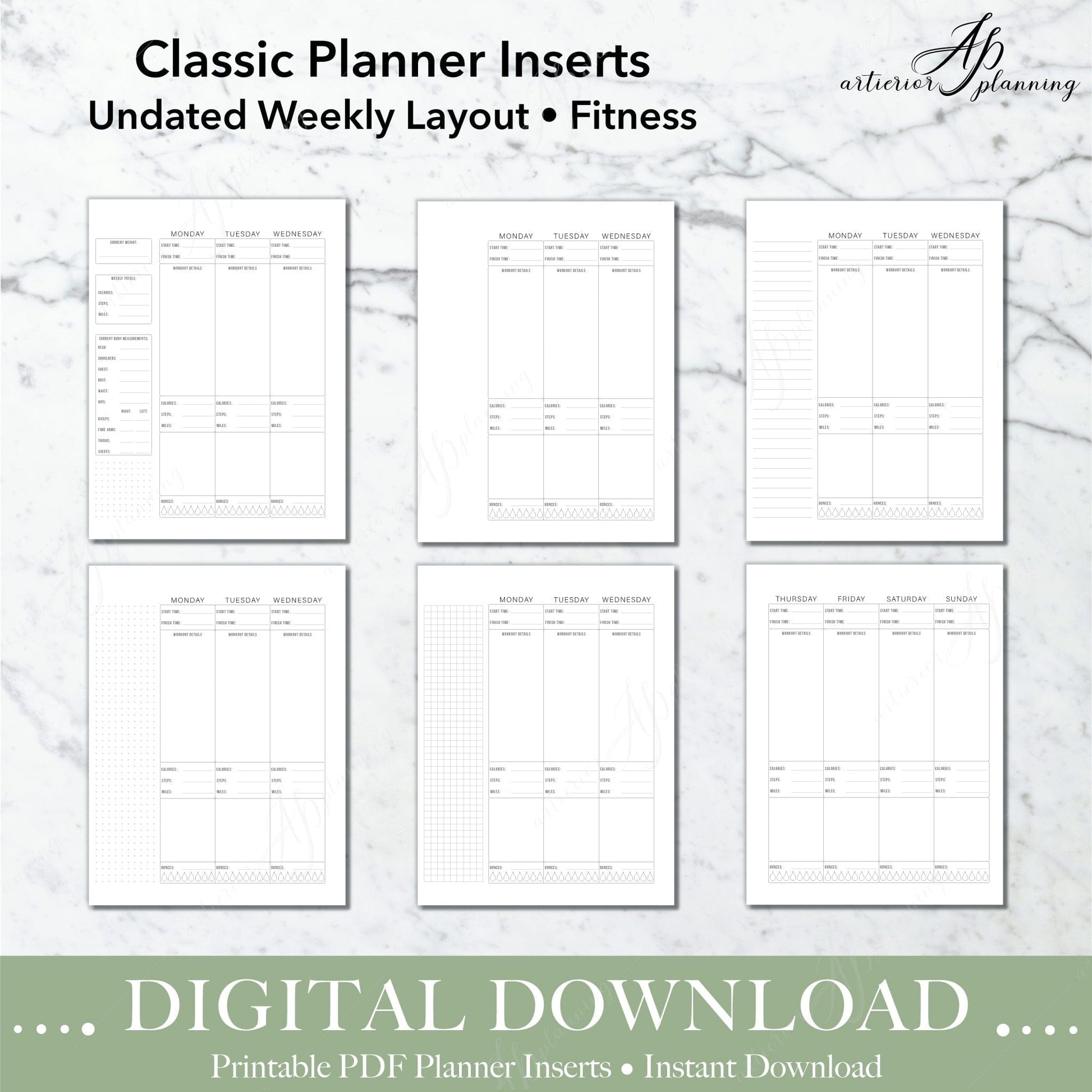 Fitness | Undated Weekly Planner Insert | Neutral | Classic |Printable Digital Download - Artierior Planning