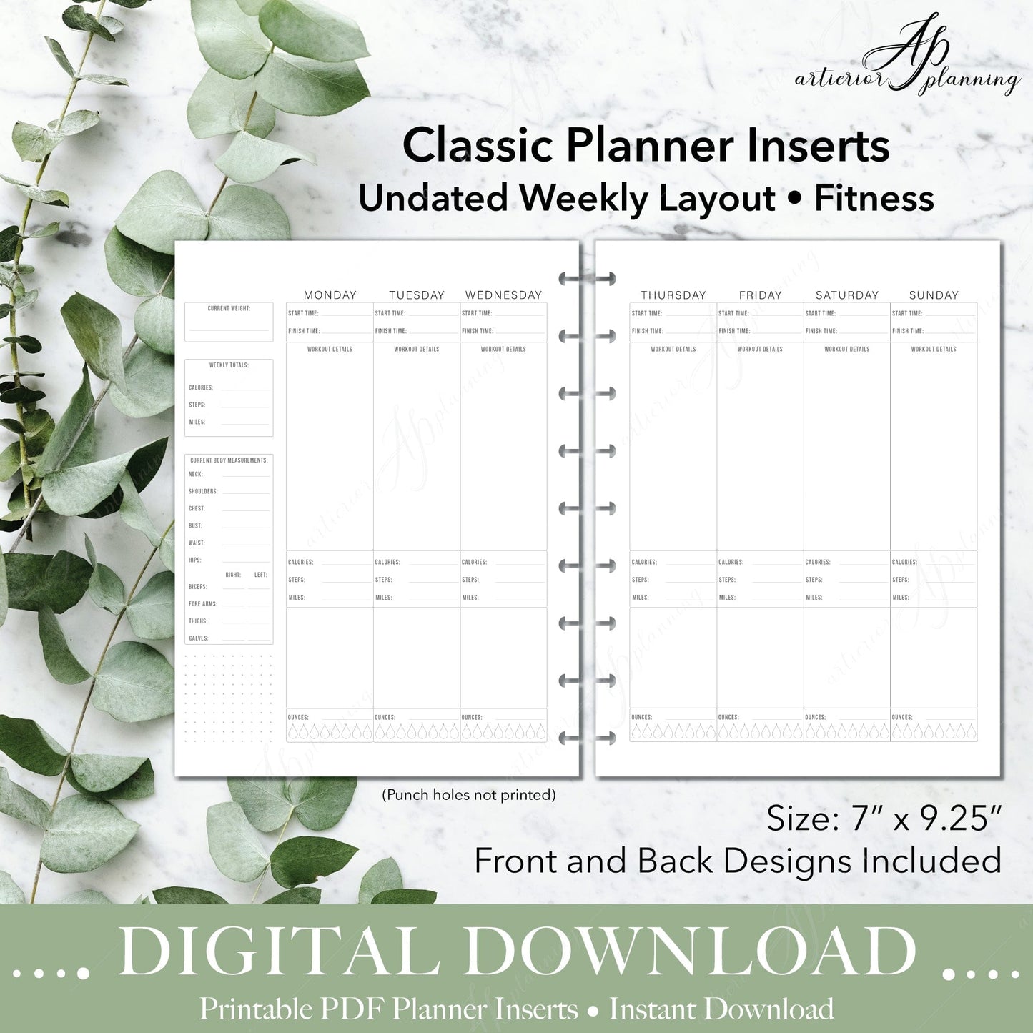 Fitness | Undated Weekly Planner Insert | Neutral | Classic |Printable Digital Download - Artierior Planning