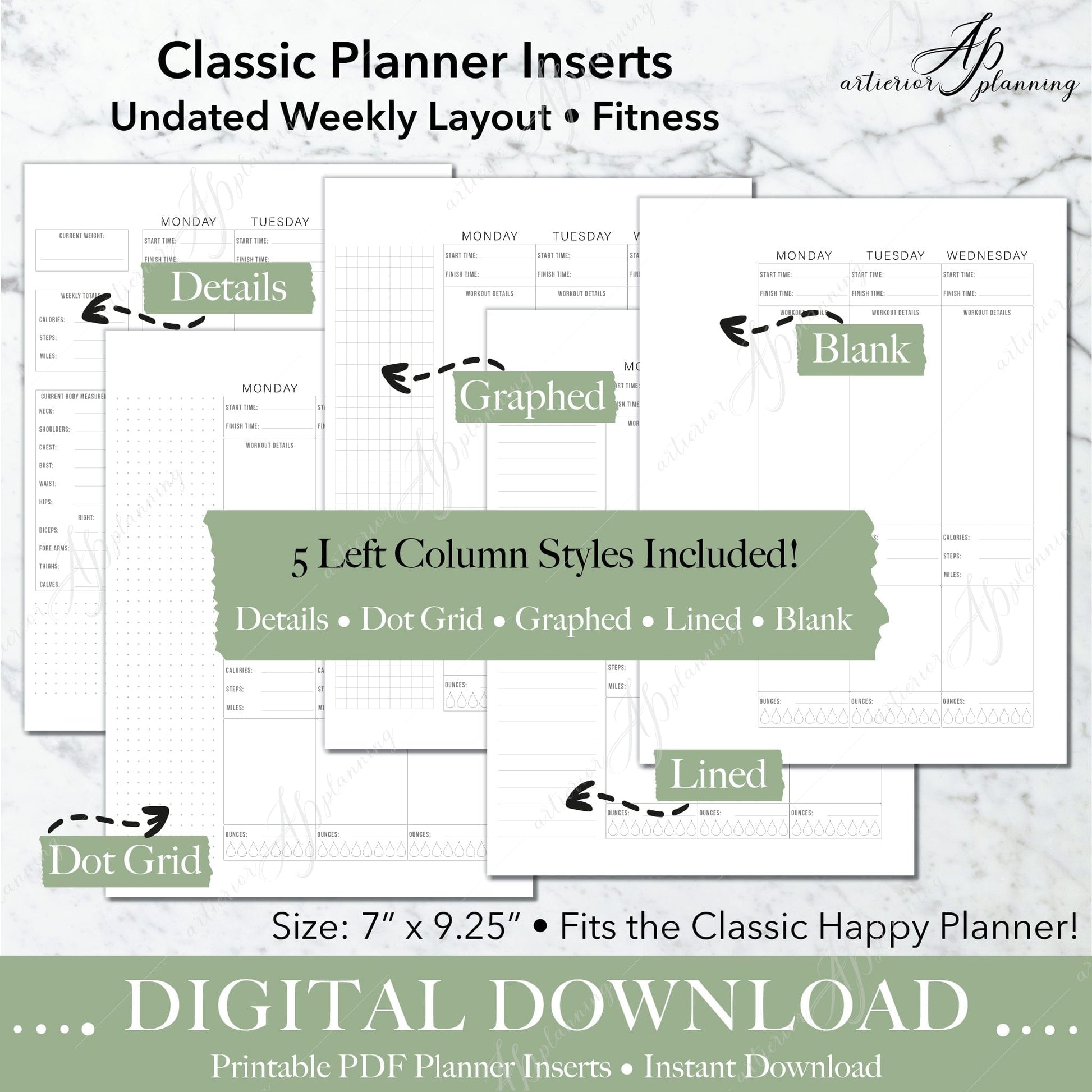 Fitness | Undated Weekly Planner Insert | Neutral | Classic |Printable Digital Download - Artierior Planning