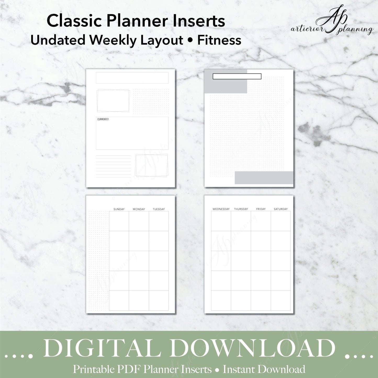 Fitness | Undated Weekly Planner Insert | Neutral | Classic |Printable Digital Download - Artierior Planning