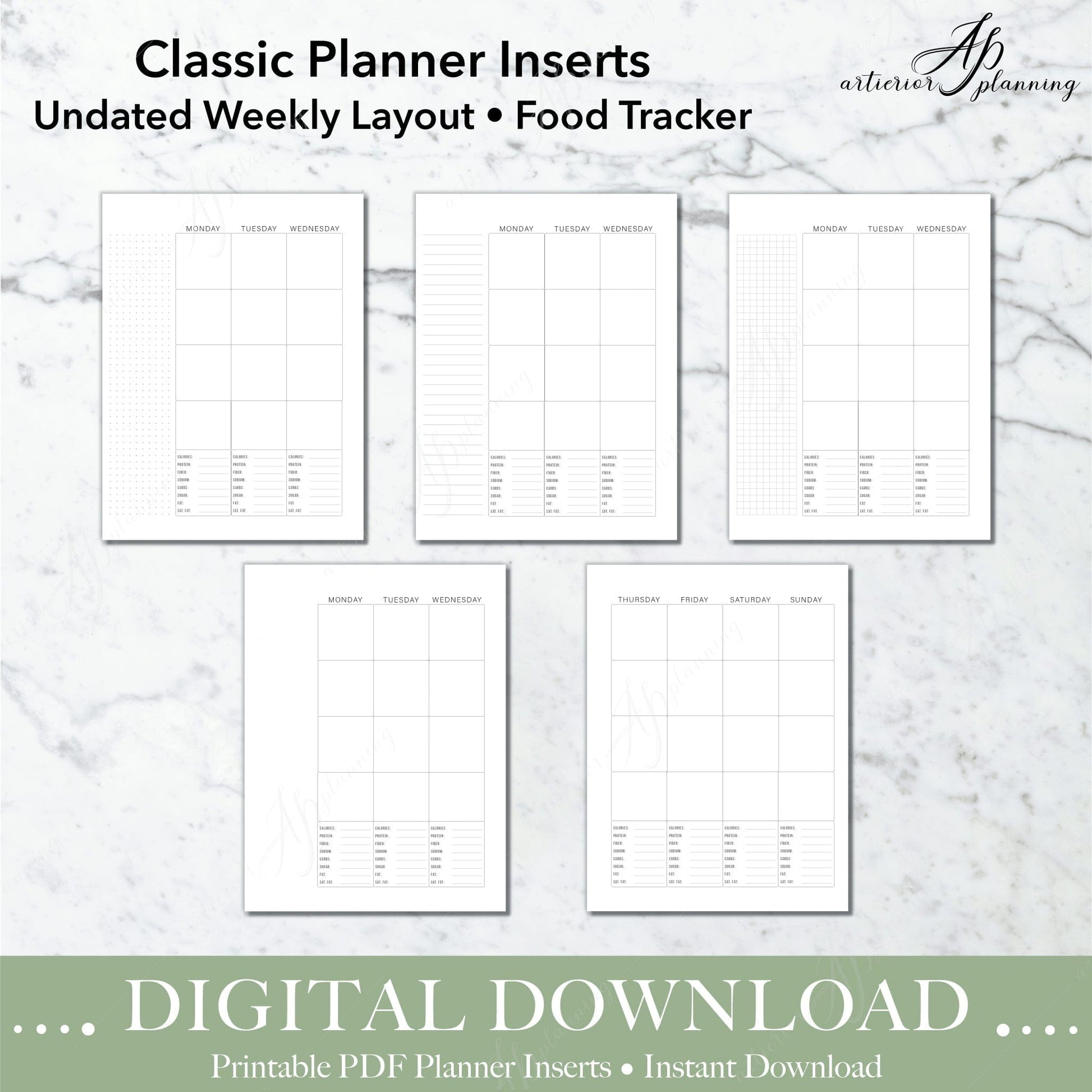 Food Tracker | Undated Weekly Planner Insert| Neutral | Classic Filler Paper | Printable Digital Download - Artierior Planning